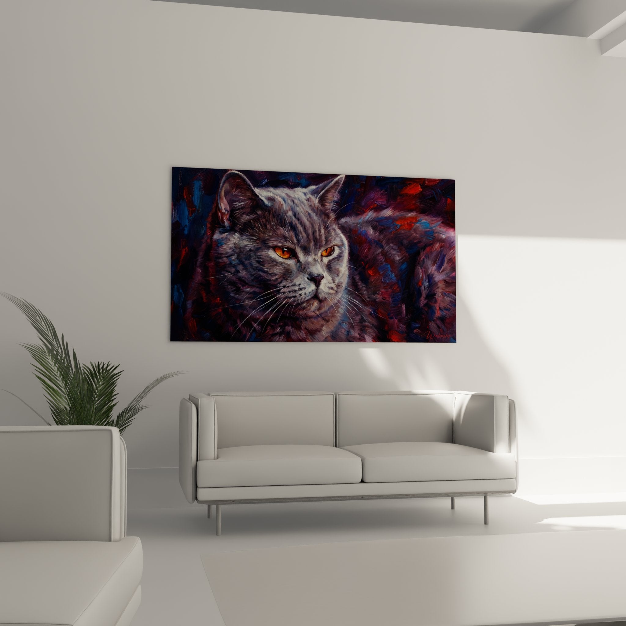 Dettaglio primo piano quadro British shorthair, tecnica pittura espressionista occhi ambrati e pelaggio grigio texturizzato