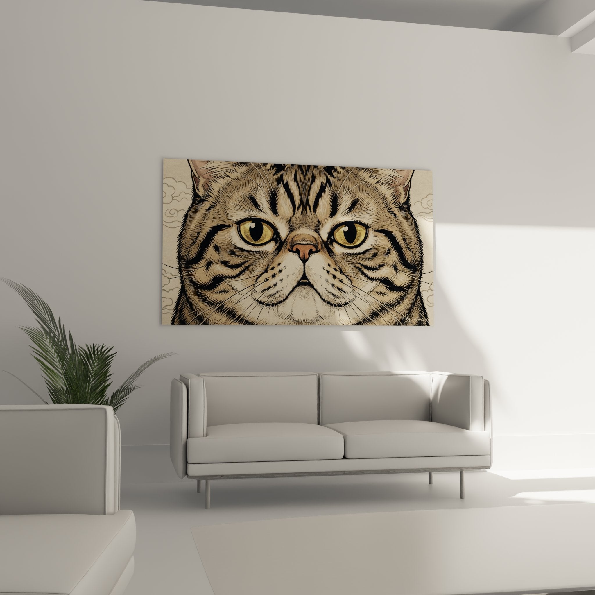 Primo piano ritratto gatto Exotic Shorthair sguardo dorato intenso mantello tigrato arte murale felino dettagliato