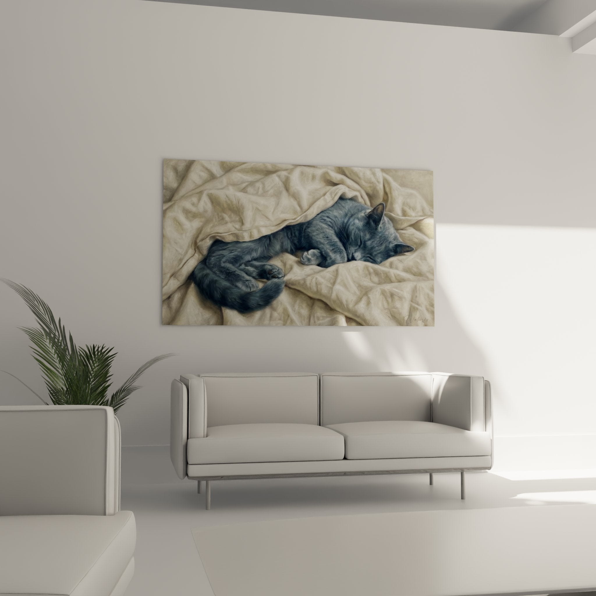 Detail peinture realiste pelage bleu-gris chat Chartreux endormi texture draps blancs