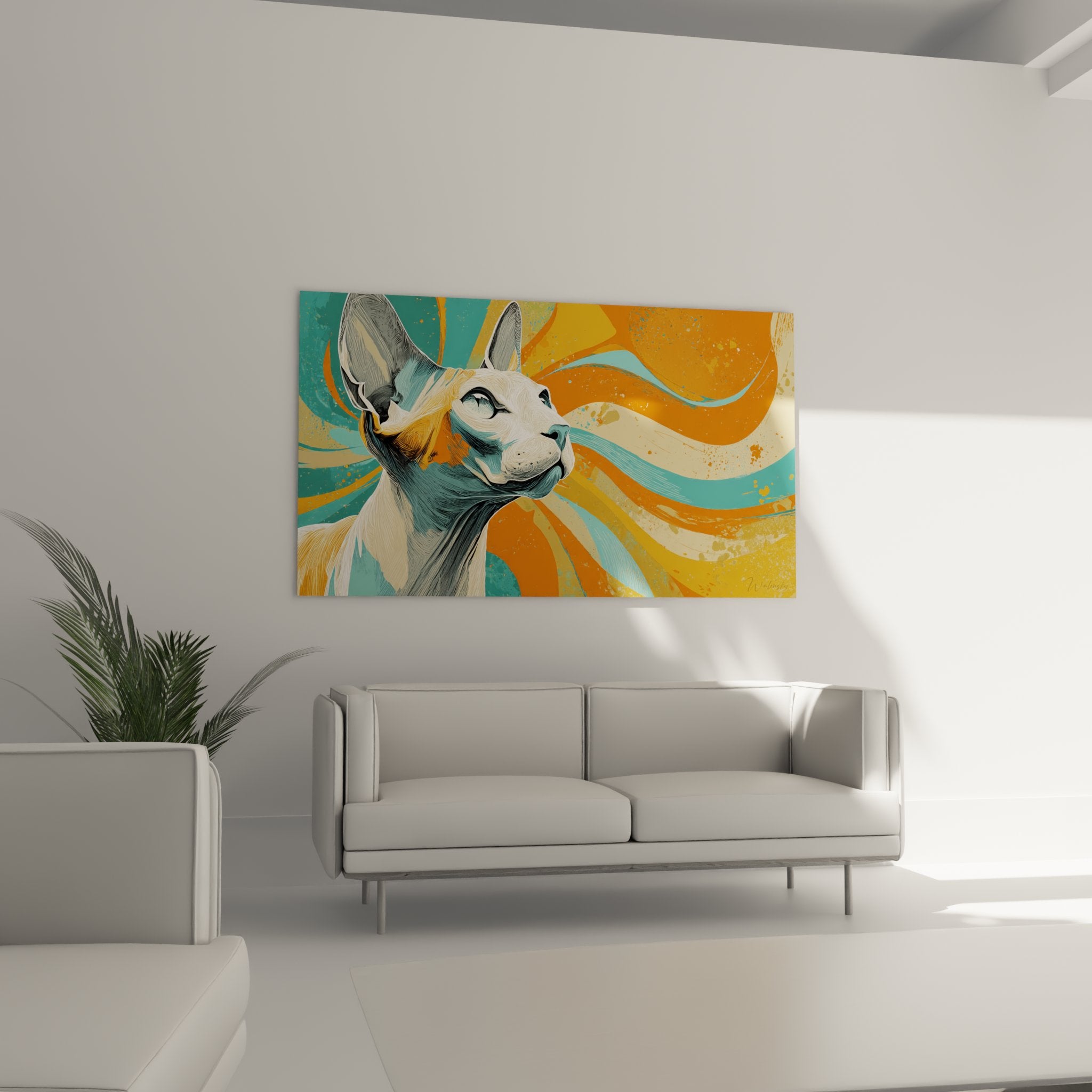 Dettaglio del quadro gatto Sphynx che mostra i tratti fini e i colori vivaci turchese arancione