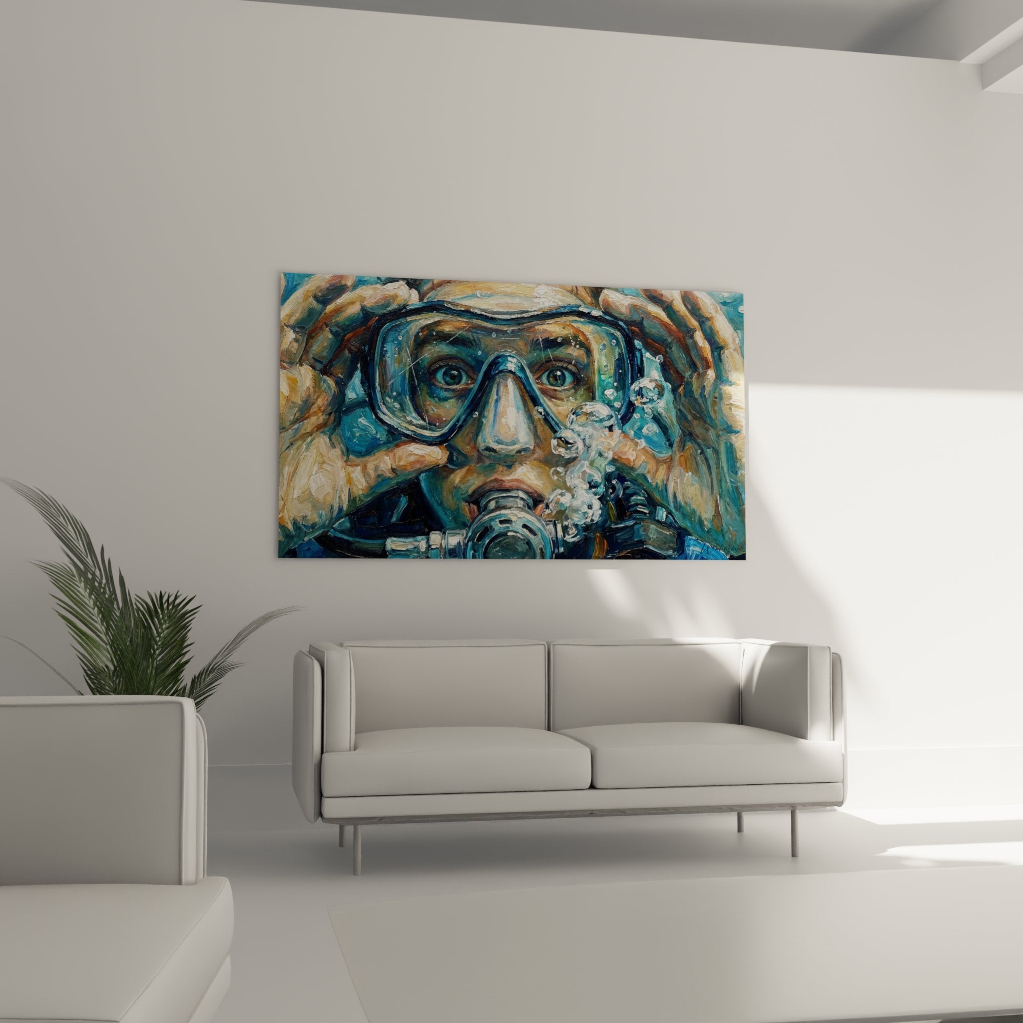 Detail tableau plongeur sous-marin avec bulles air et masque scuba art mural qualite premium