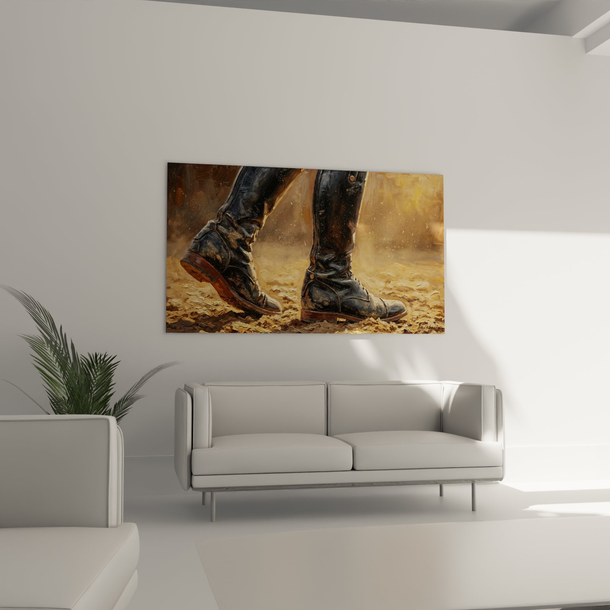 Dettaglio ravvicinato del quadro che mostra la texture realistica della pelle degli stivali da equitazione dipinti