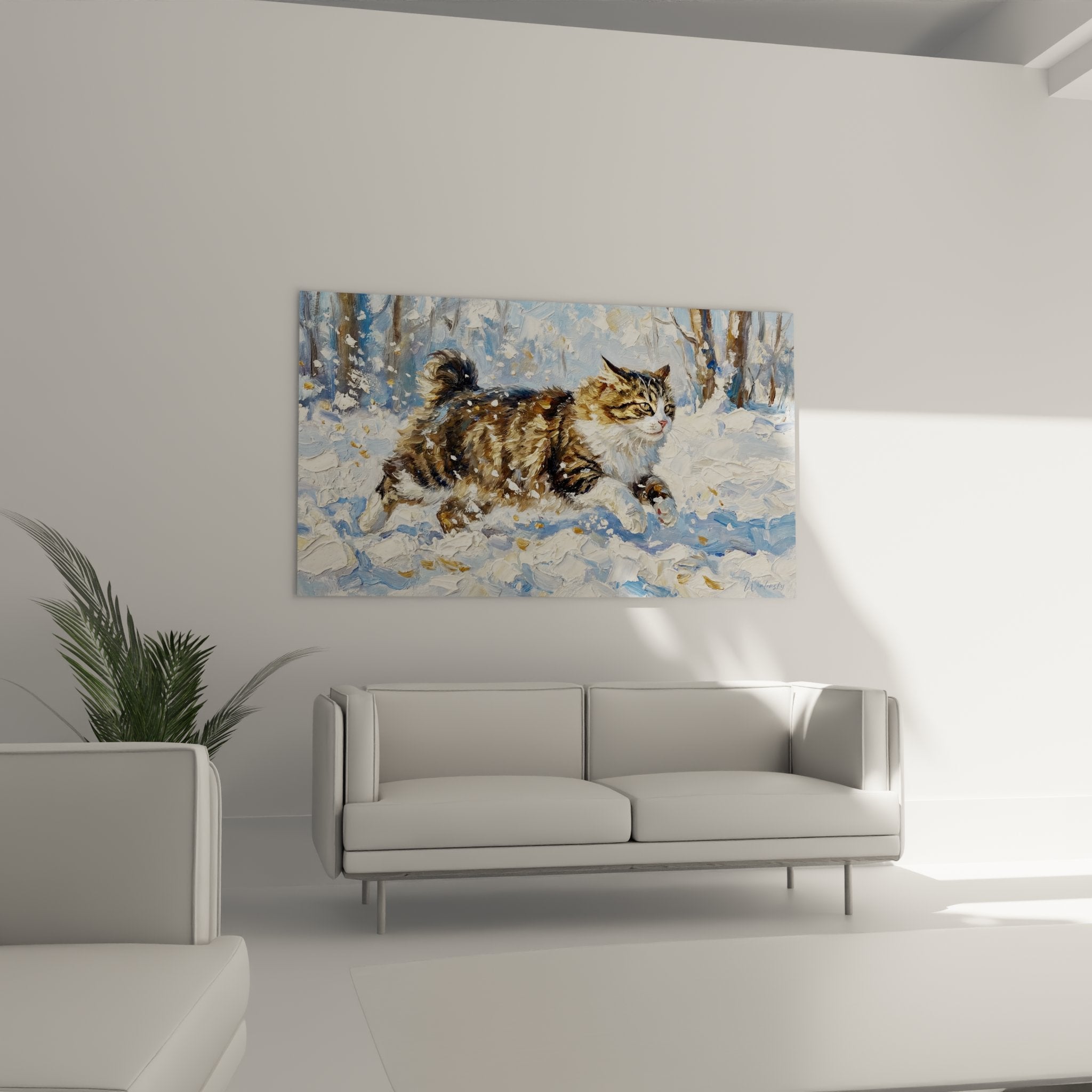 Cat painting detail in snow, impasto technique, warm feline fur colors, white snowflakes