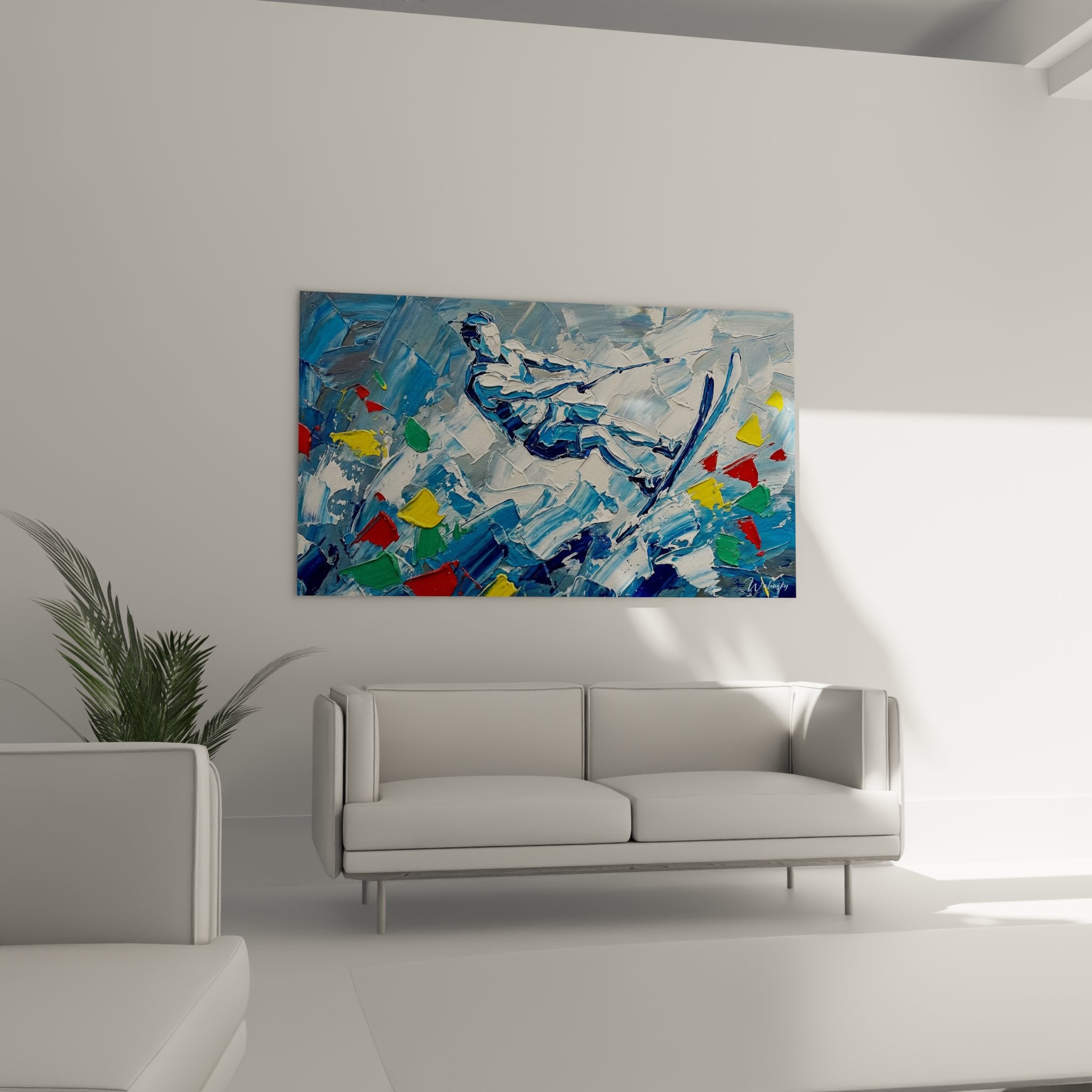 Detail peinture skieur nautique technique empâtement couleurs vives texture relief art moderne