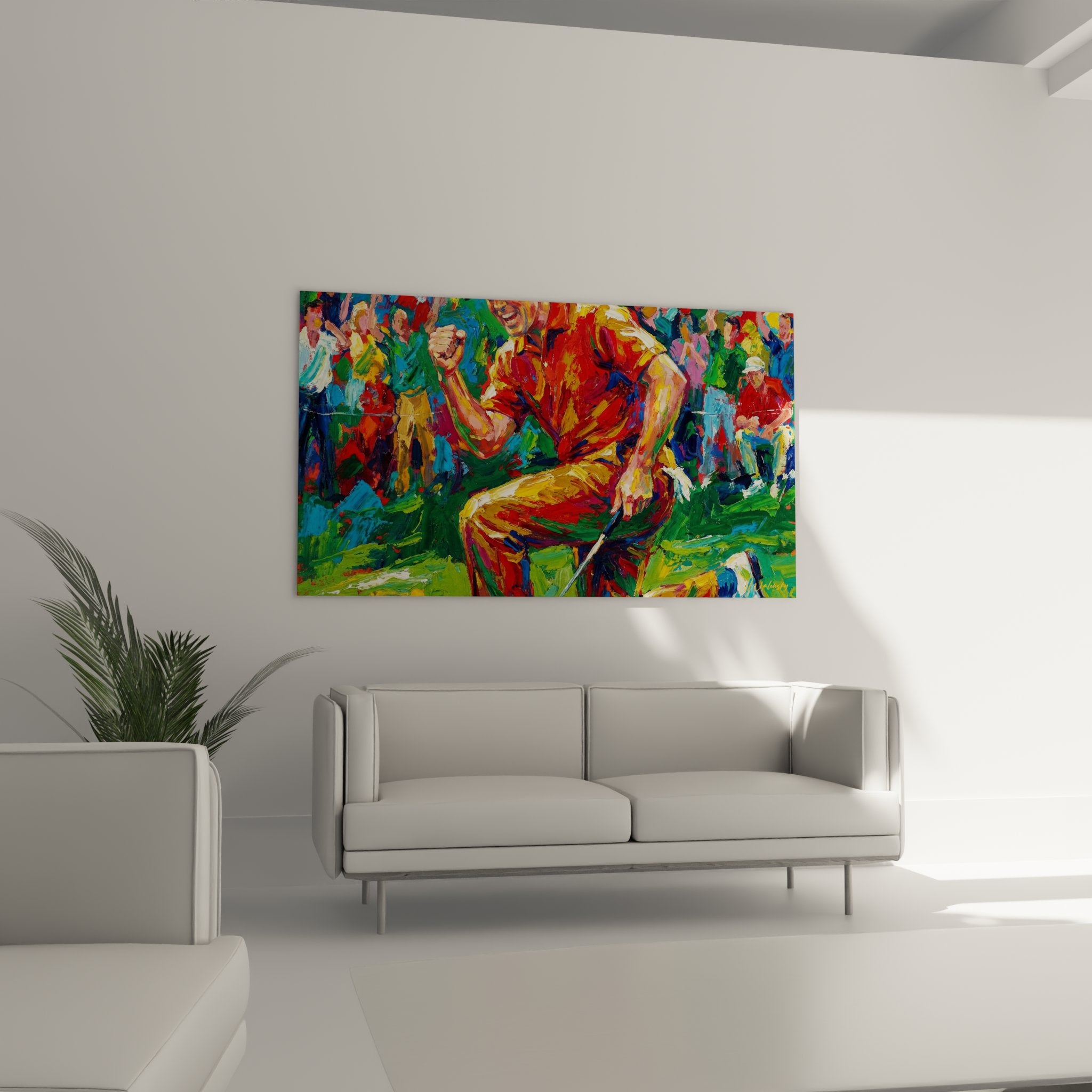 Détail rapproché du tableau golf montrant la technique picturale expressionniste et les couleurs vives du golfeur