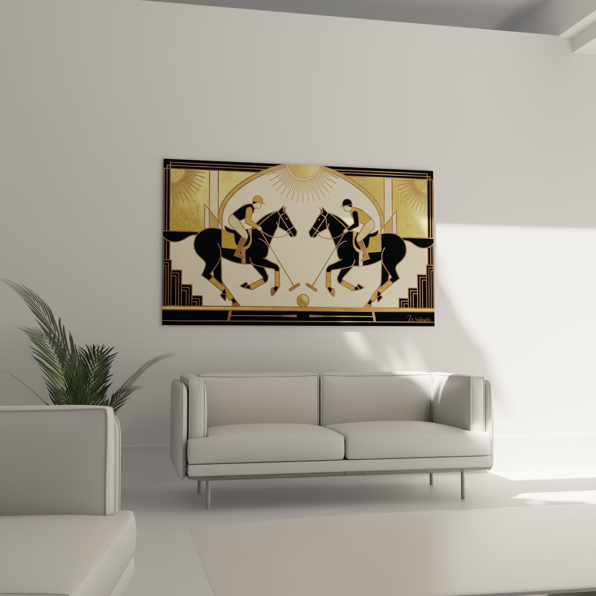 Art Deco polo painting detail - stylized riders and golden sun with geometric rays, 1920s style