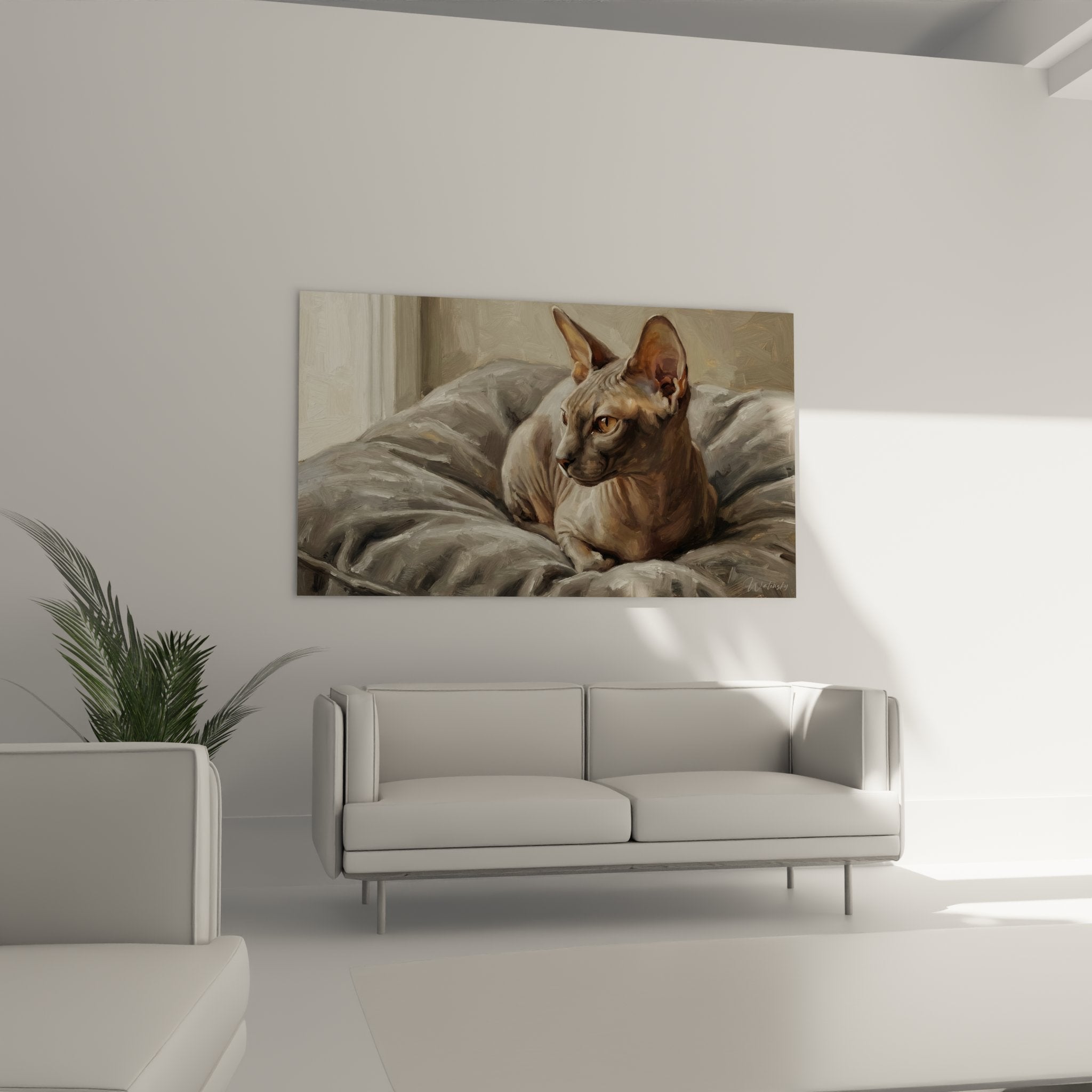 Primo piano dipinto gatto sphynx occhi ambra pelle rugosa texture realistica arte animale