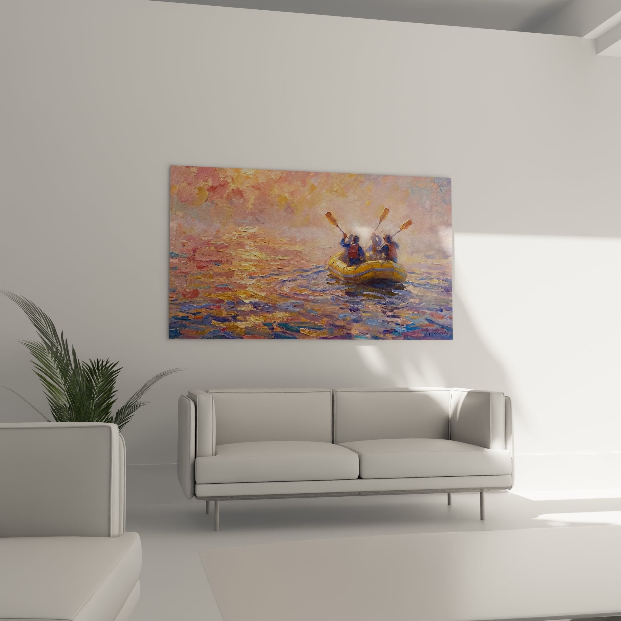 Rafting painting detail impressionist texture brushstrokes golden water sunset reflections artistic technique