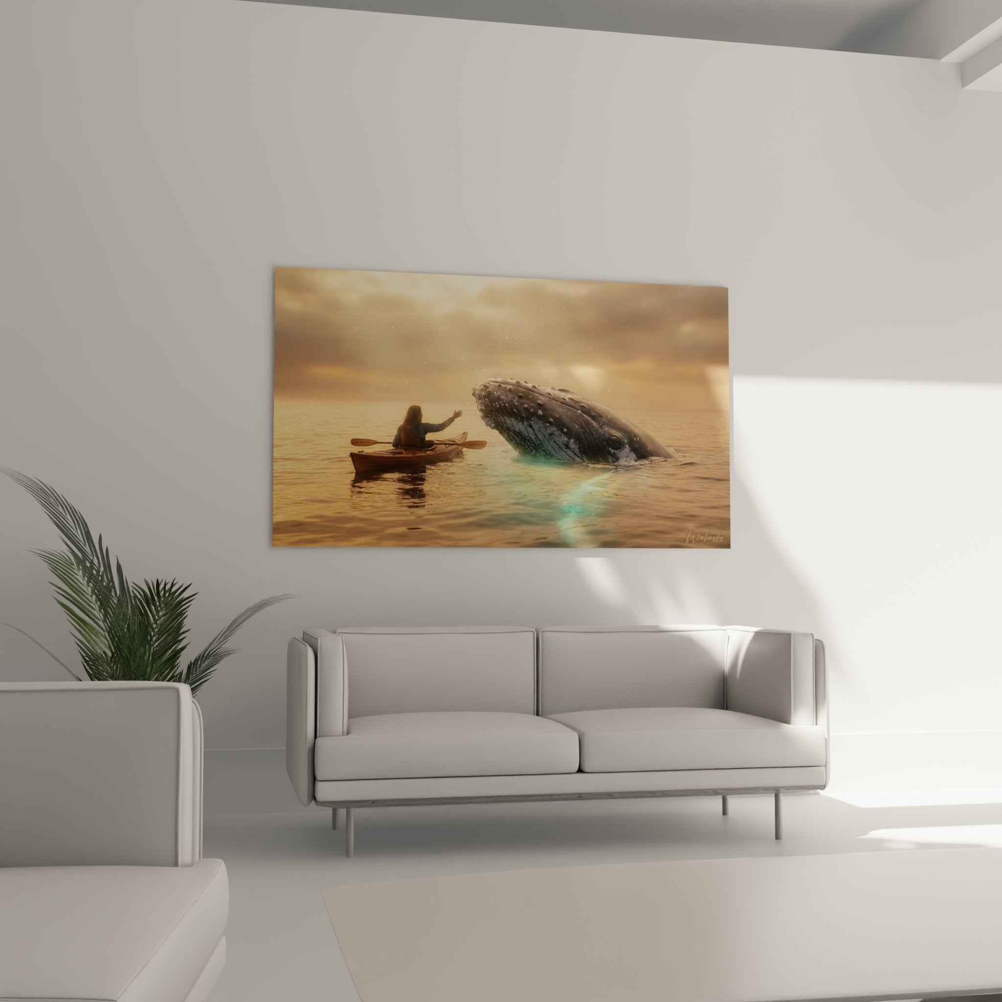 Detail whale emerging painting near kayaker, realistic marine mammal artwork sunset