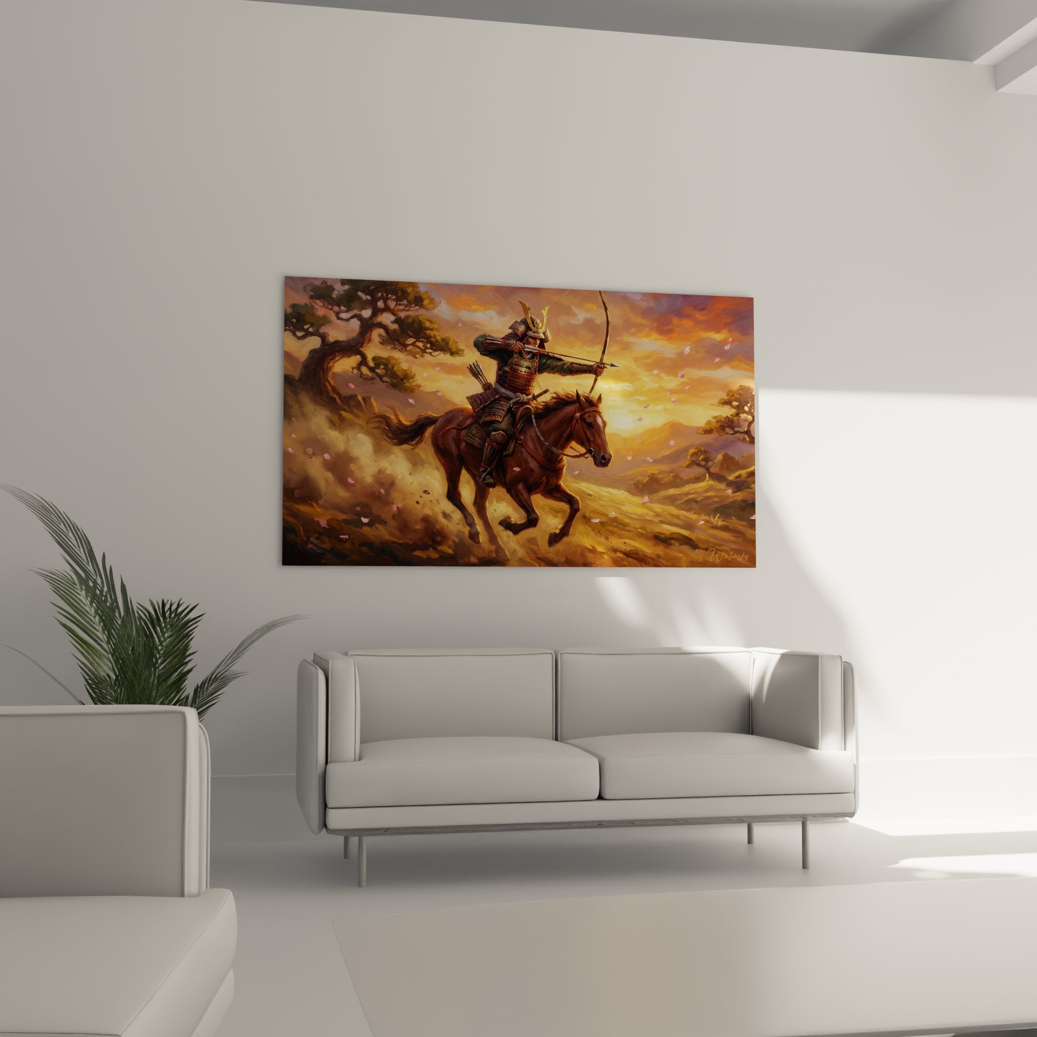 Détail rapproché du tableau montrant l'archer samouraï en position de tir à l'arc traditionnel japonais