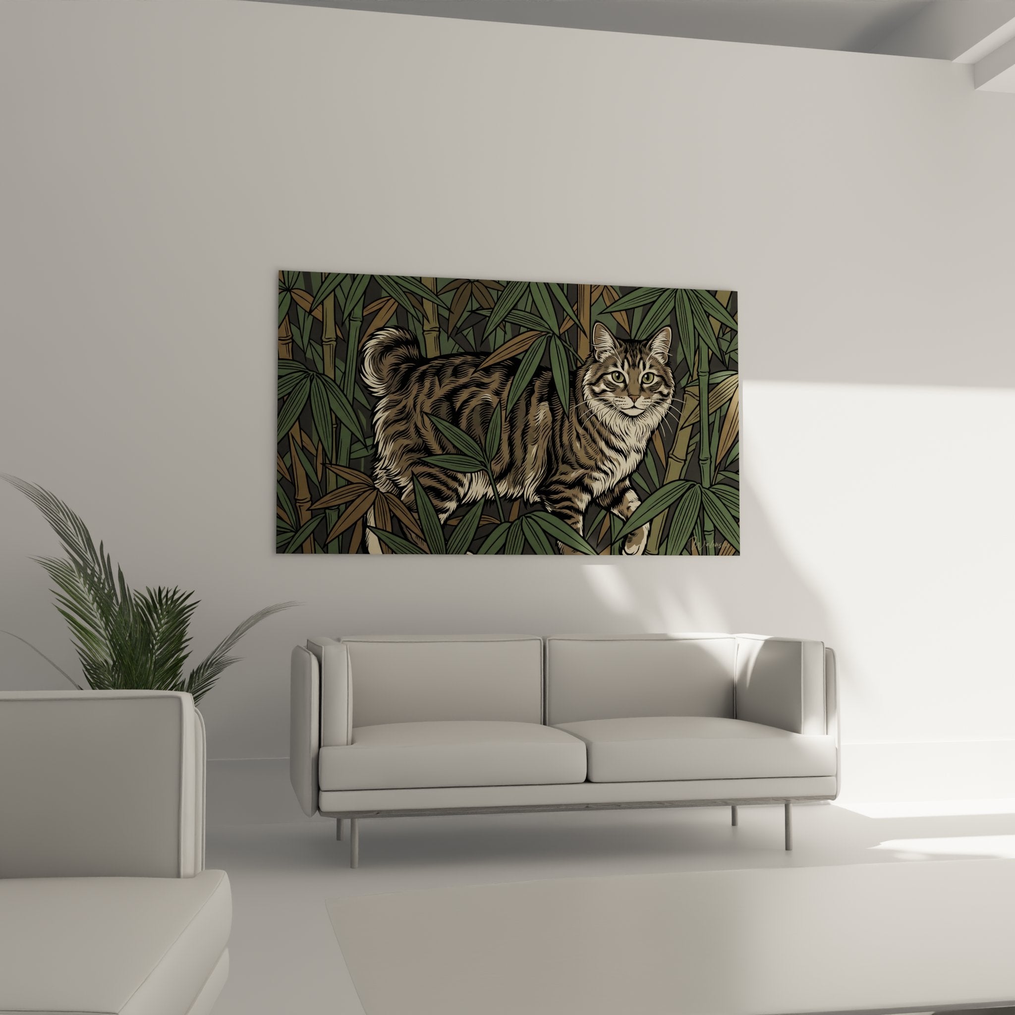 Detail painting Kurilian Bobtail cat with green eyes in bamboo foliage, naturalistic animal art