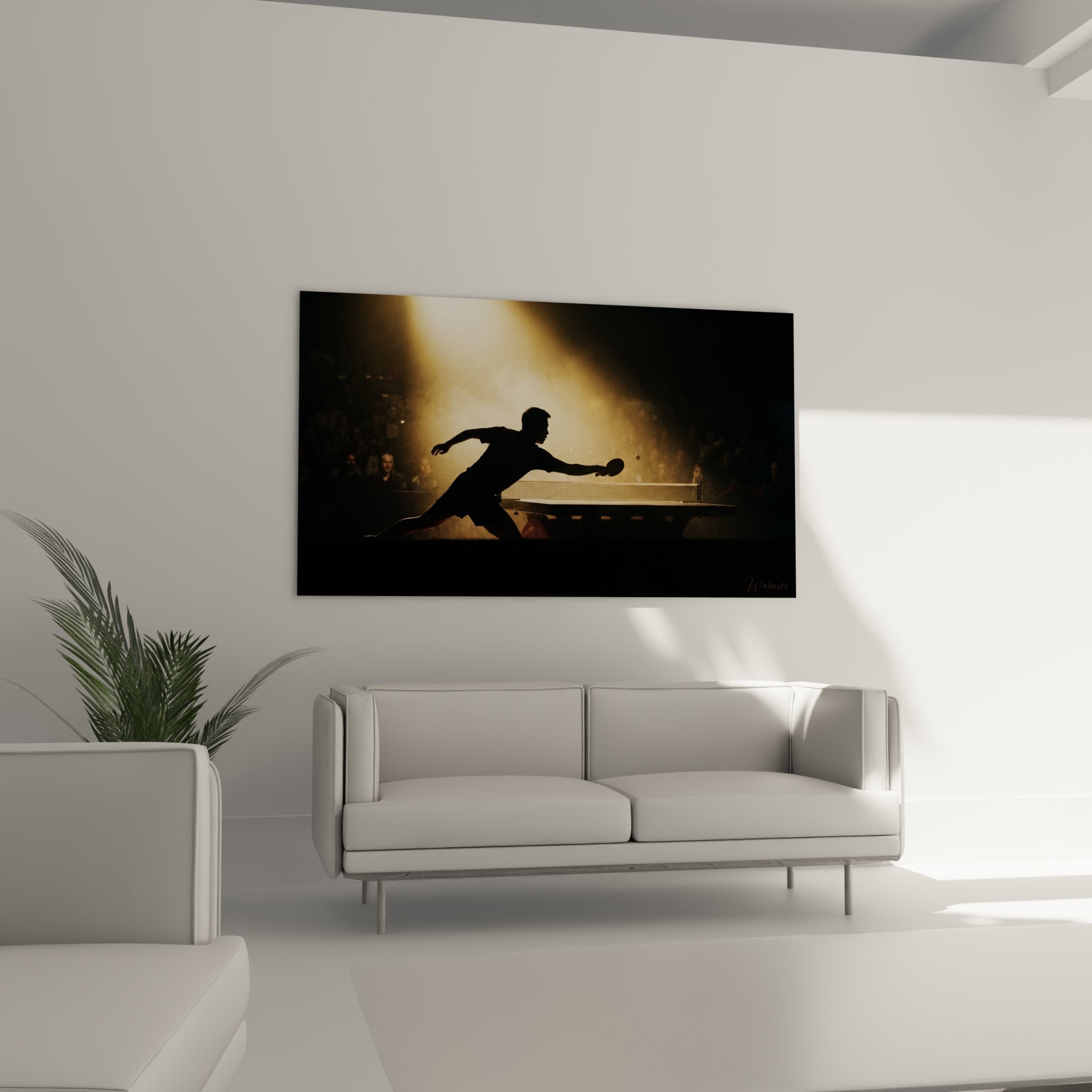 Detail tableau tennis de table silhouette joueur mouvement dynamique lumiere doree artistique