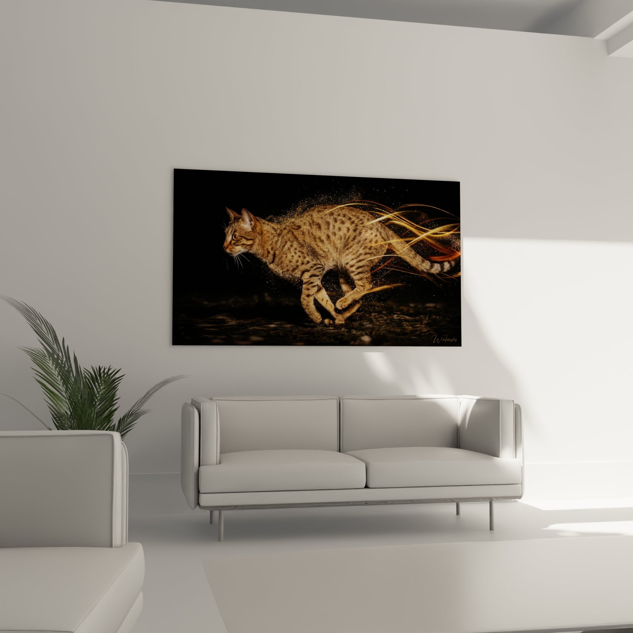 Détail tableau chat Ocicat montrant texture pelage tacheté et effets lumineux dorés