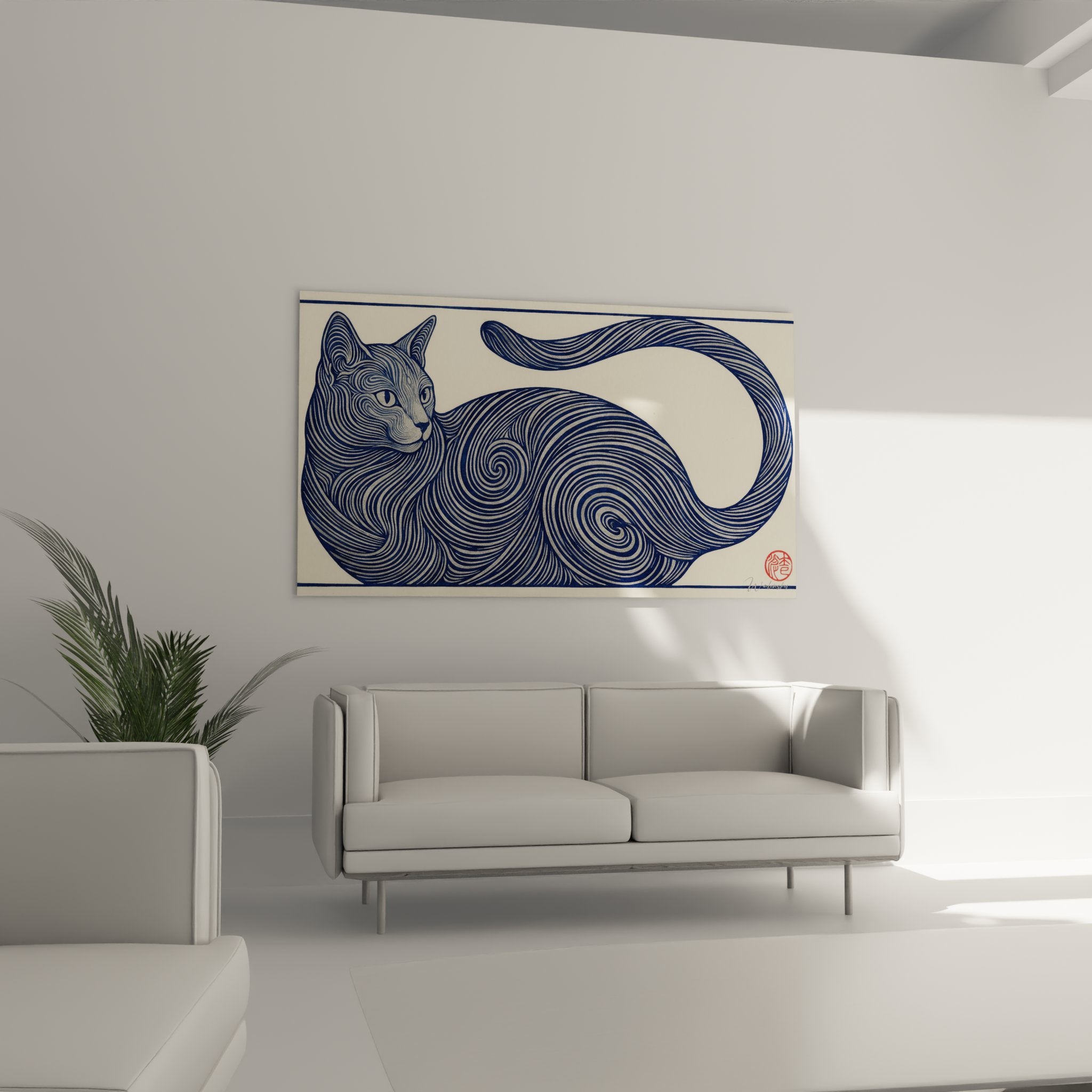 Detail rapproche du tableau chat aux lignes spiralees bleues montrant la finesse des motifs artistiques