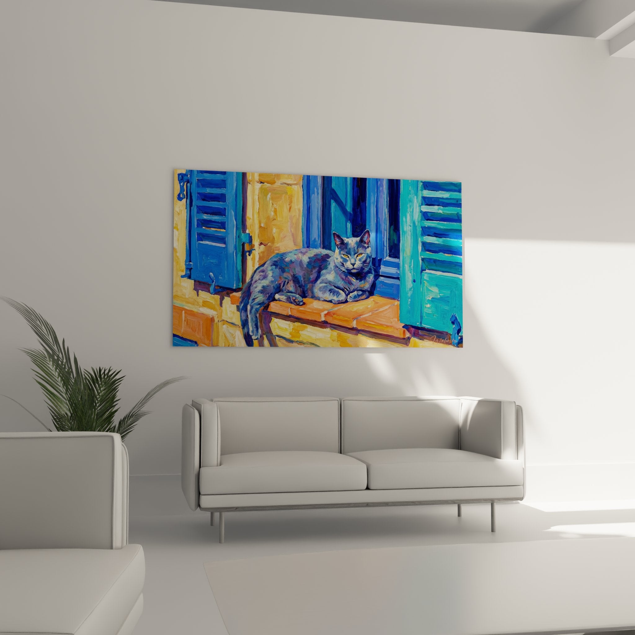 Détail peinture chat Chartreux sur rebord fenêtre, technique picturale expressionniste