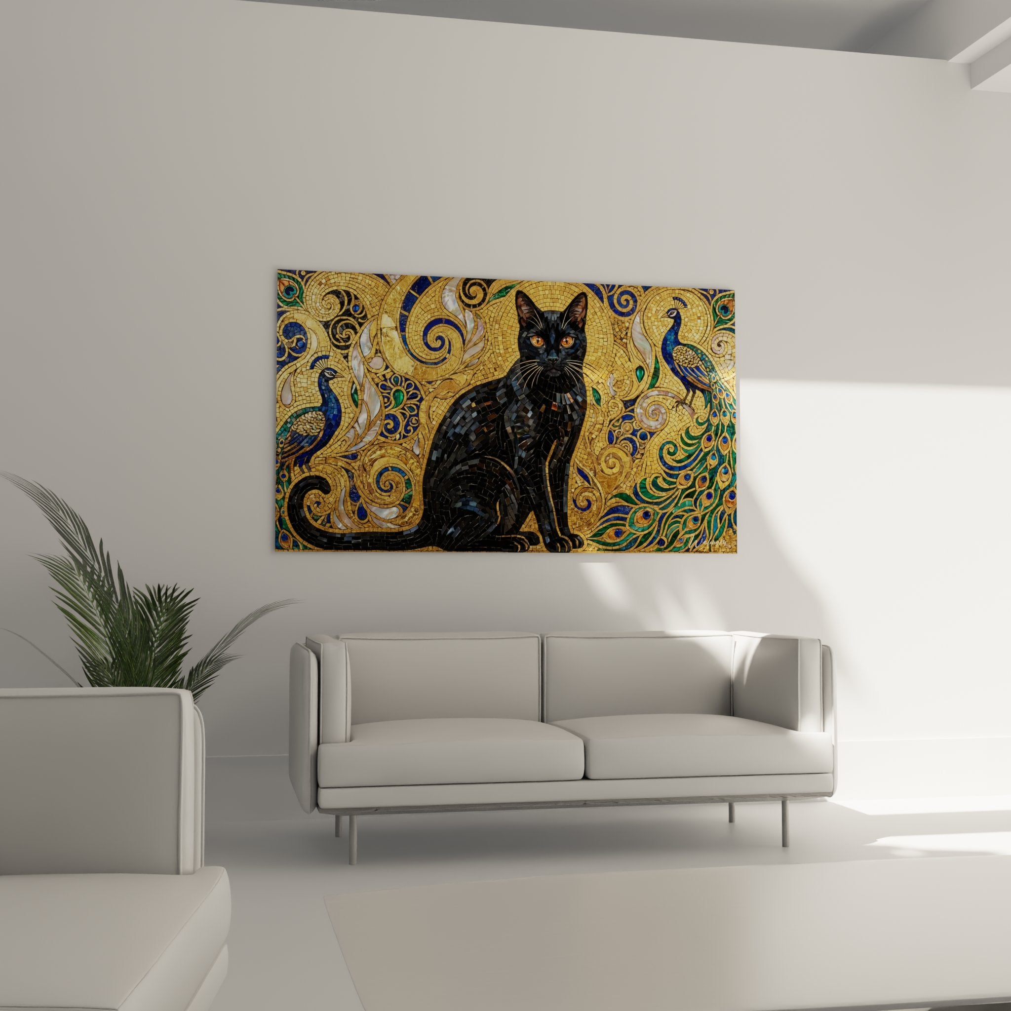 Détail mosaïque chat Bombay noir tesselles ornements dorés spirales byzantines paons stylisés art décoratif