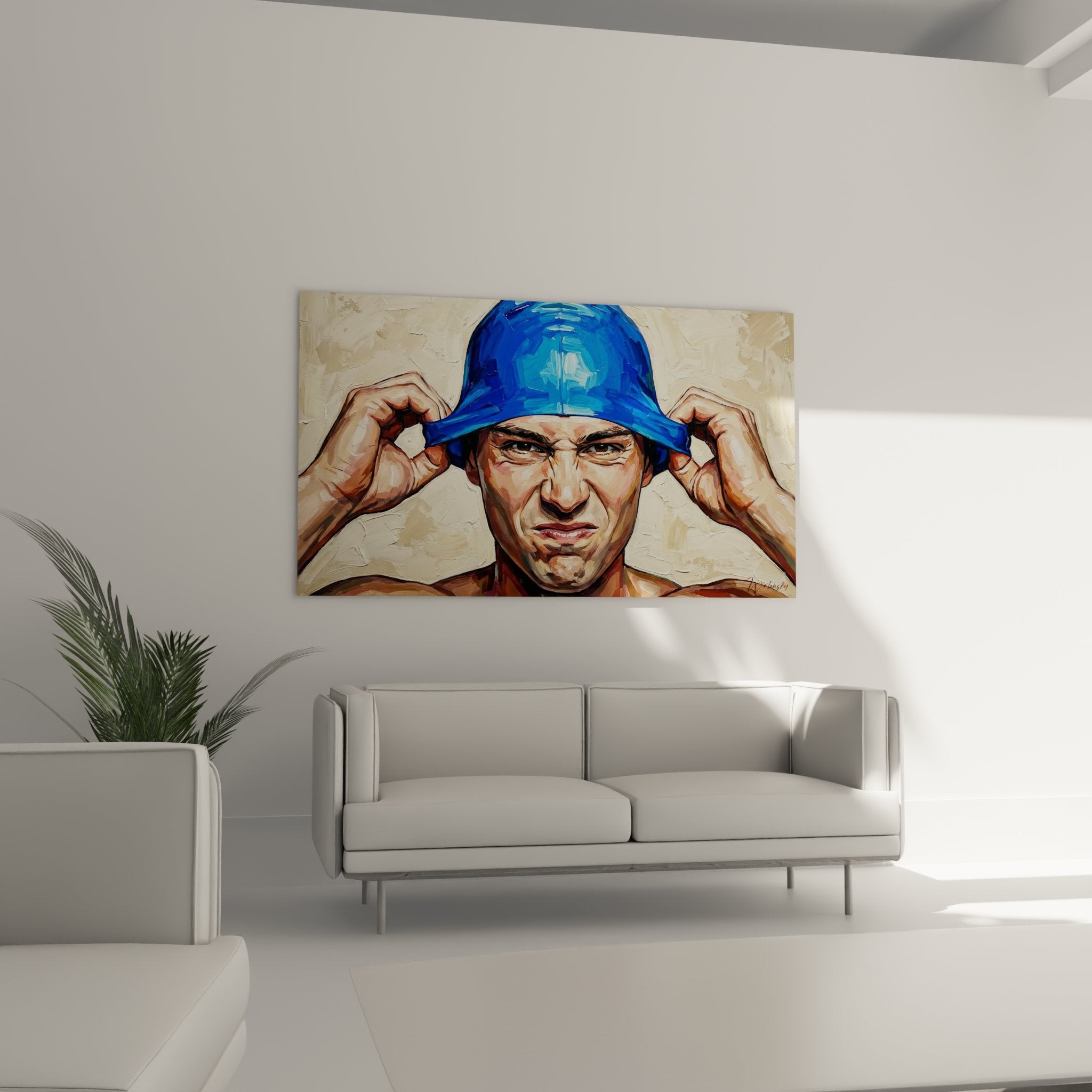 Détail du tableau nageur montrant l'expression concentrée et les mains ajustant le bonnet de bain bleu