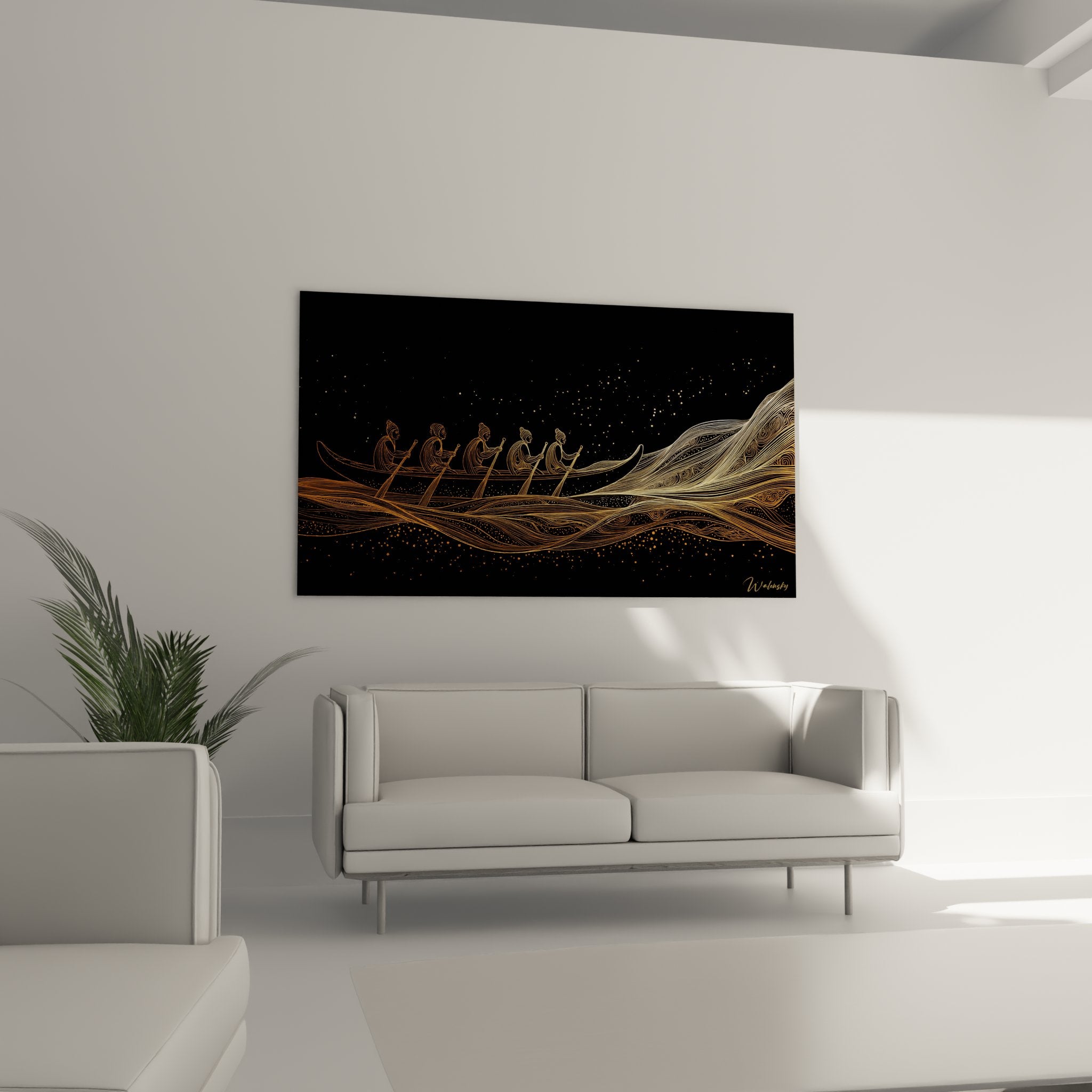 Detail of rowing painting showing fine golden strokes and stylized fluid wave texture