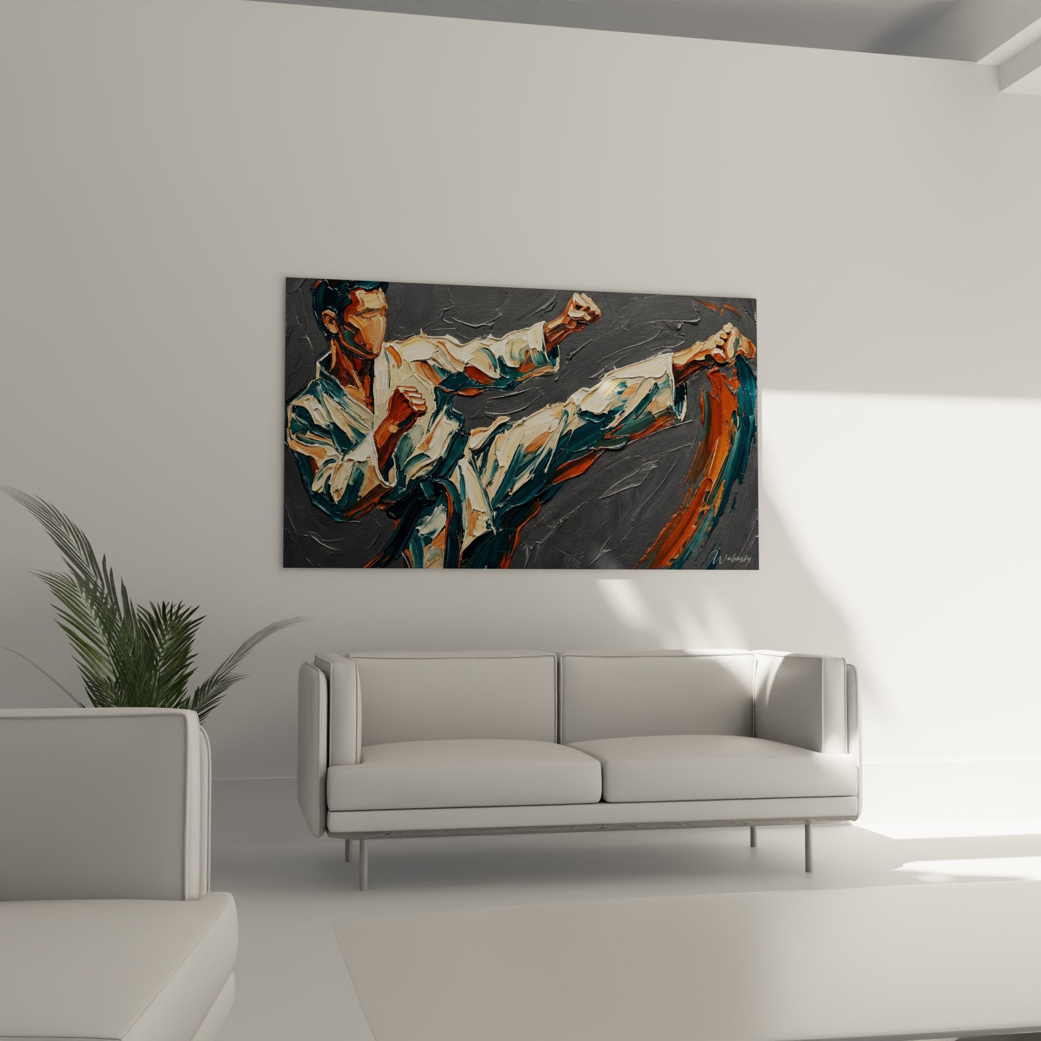 Detail du tableau karateka montrant la technique d'empâtement et les couleurs ocre et bleu-vert