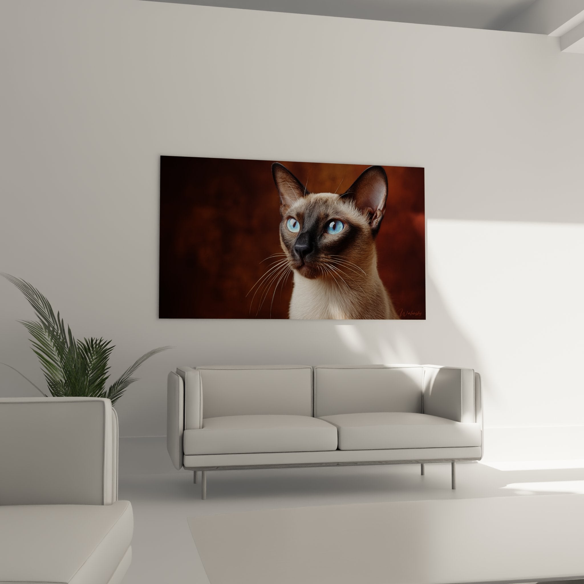 Primo piano dettagliato ritratto gatto Tonkinese, occhi blu cristallini, mantello cioccolato, rendering artistico realistico