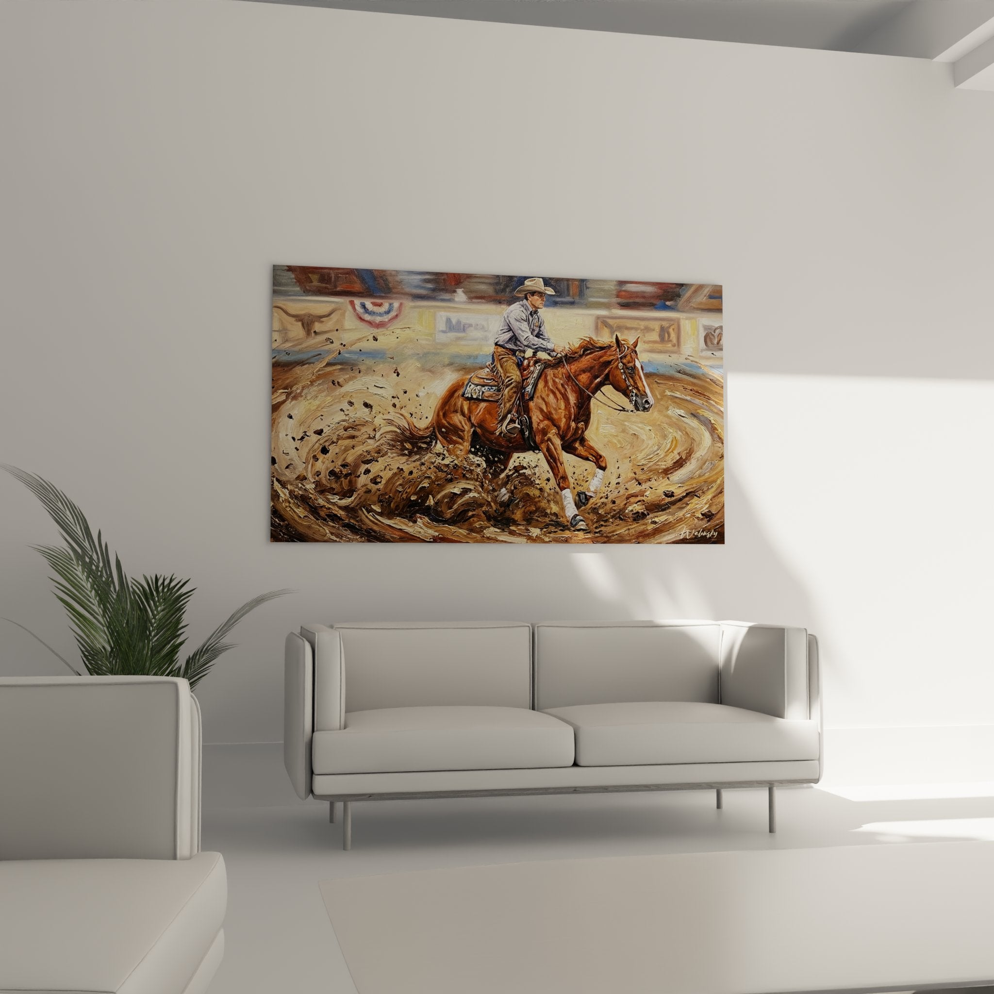 Detail peinture reining western montrant technique du cavalier et mouvement dynamique du cheval dans l'arene