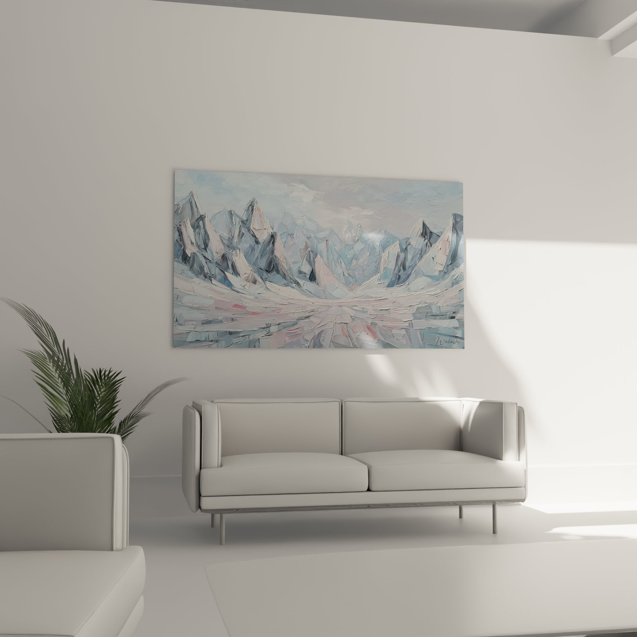 Detailaufnahme Gemäldetextur Bergtableau mit expressiven Pinselstrichen in Blau- und Roséatönen