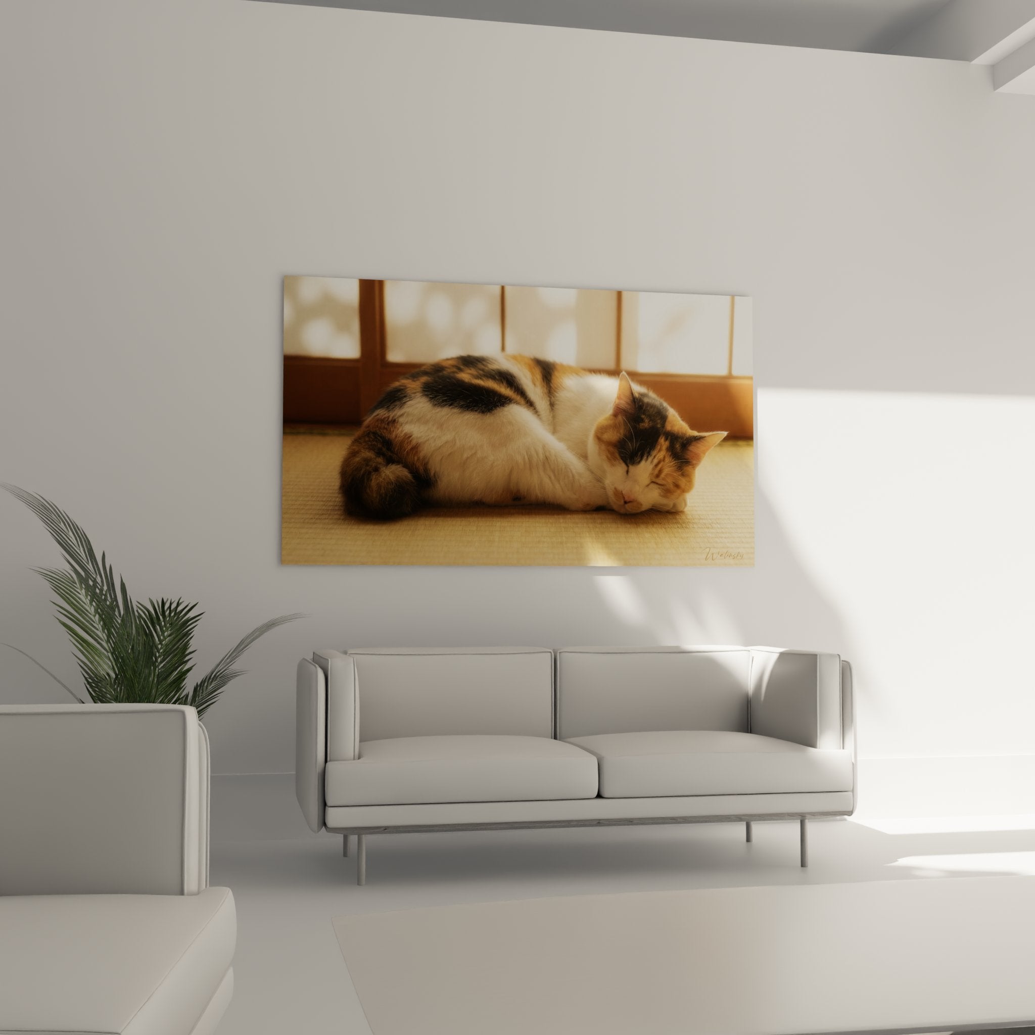 Close-up tricolor fur of sleeping Japanese Bobtail cat showing hair texture details and characteristic short tail