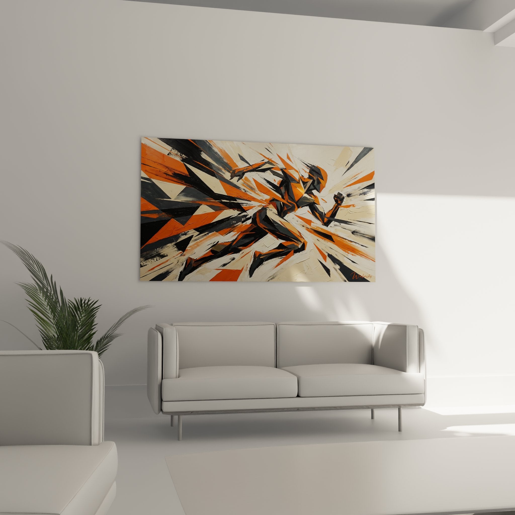 Détail texture peinture coureur abstrait montrant coups de pinceau expressifs et formes géométriques dynamiques