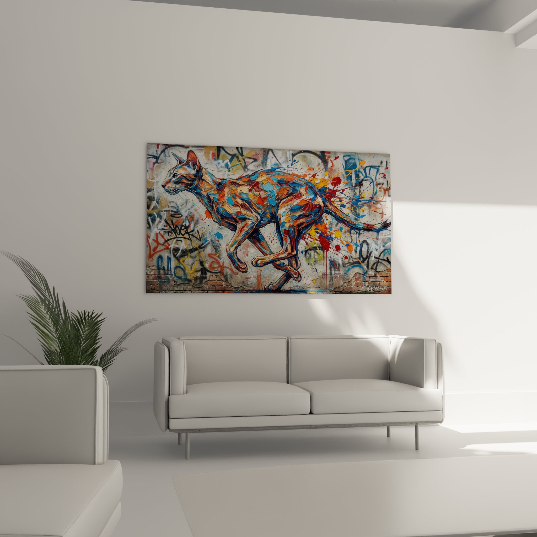 Detail peinture chat Oriental Shorthair style graffiti avec eclaboussures colorees rouge bleu orange