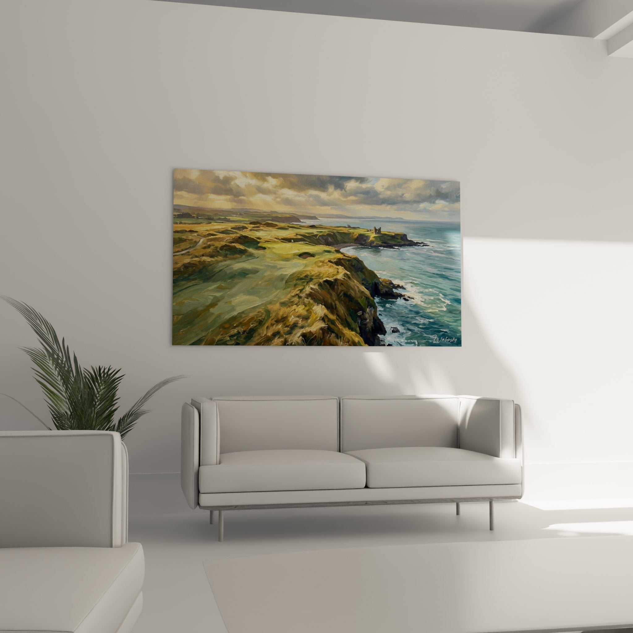 Détail tableau golf côtier montrant textures falaises rocheuses et greens ondulants face à l'océan