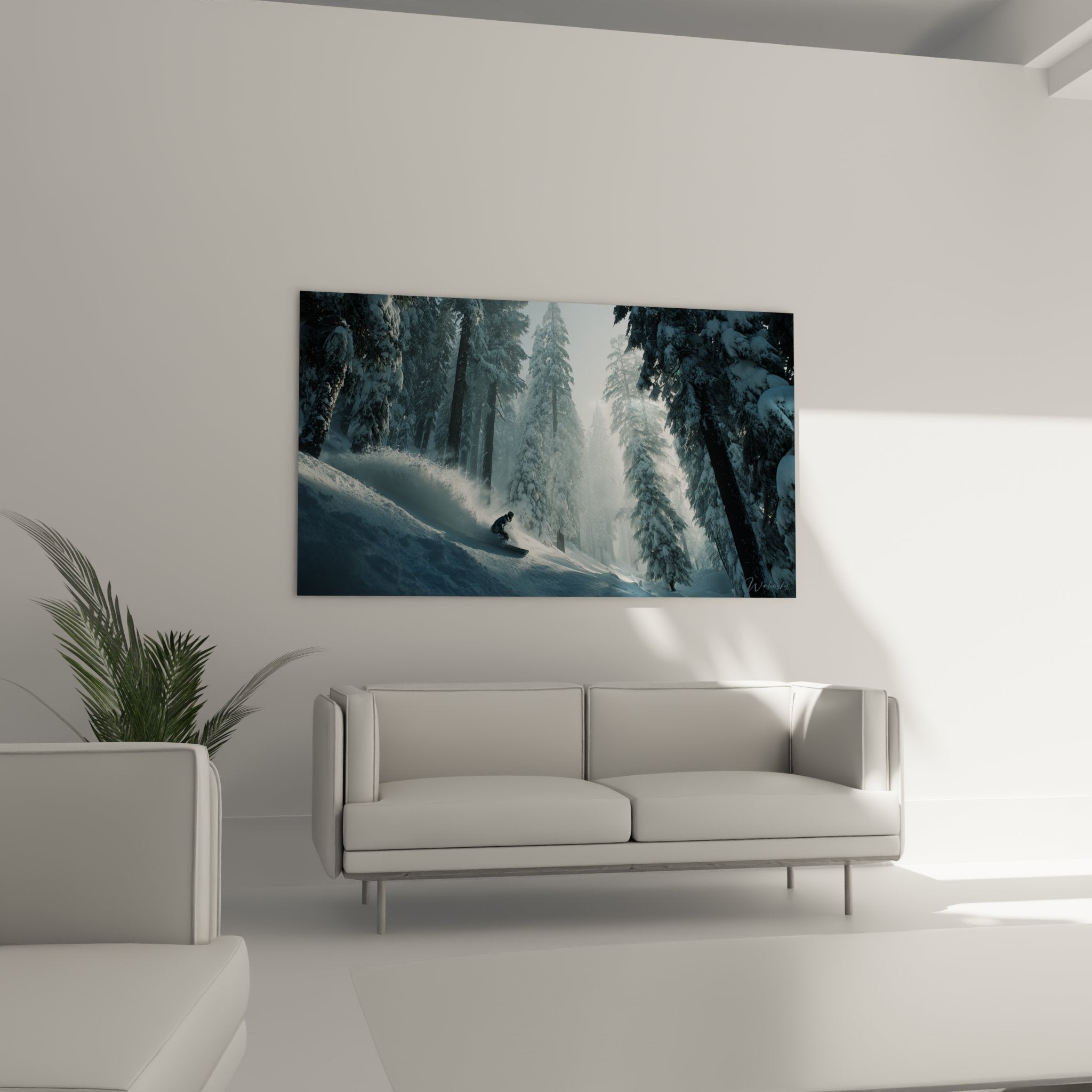 Detail tableau snowboard technique poudreuse sapins neige qualite impression art photographique sport montagne hiver