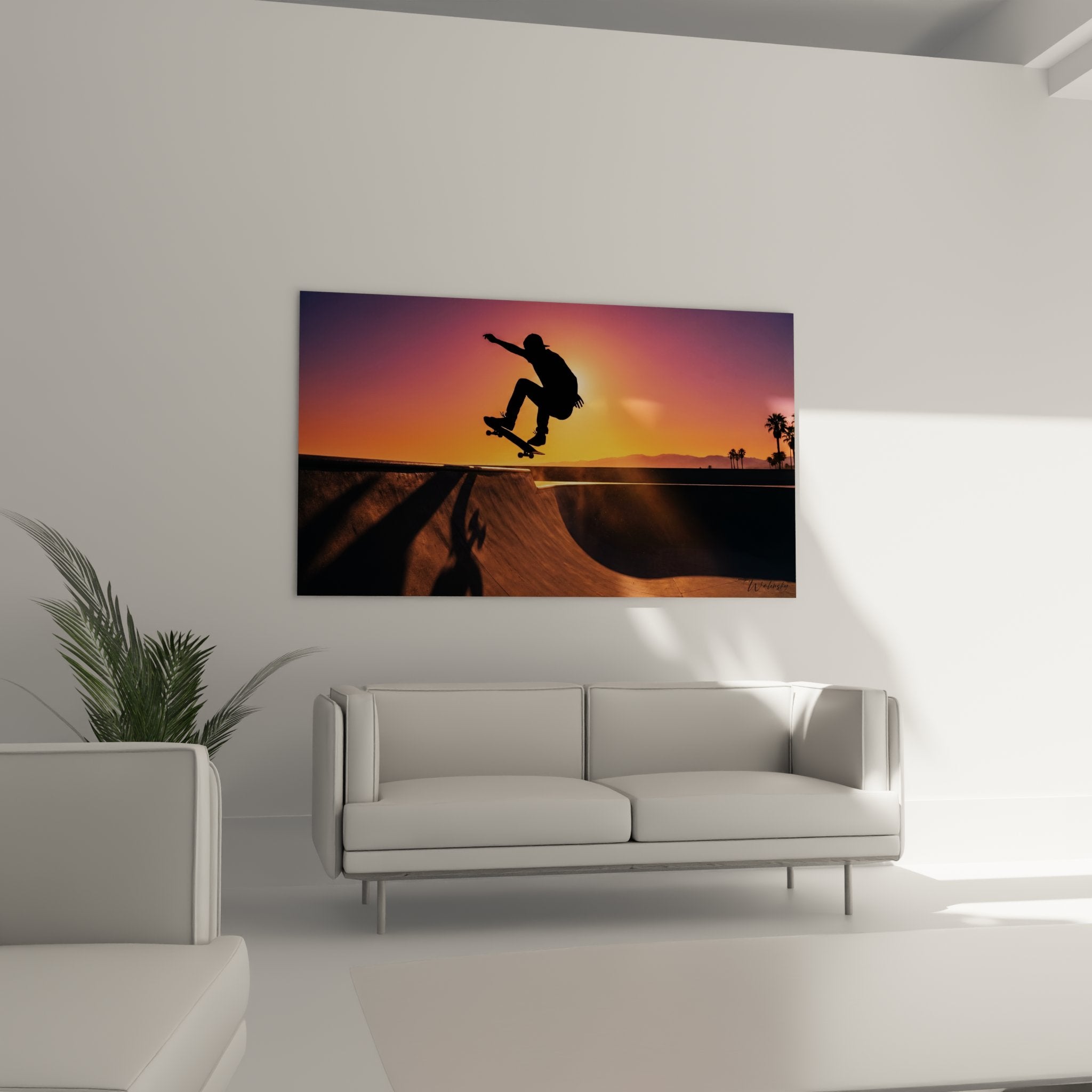 Detail tableau skateboard trick aerien silhouette noire sur fond coucher soleil orange rose