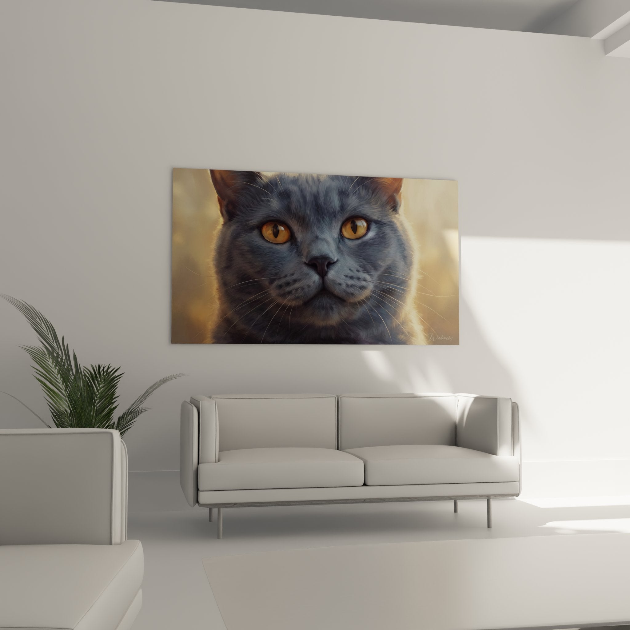 Gros plan sur les yeux dorés expressifs du chat Chartreux, détails fins des vibrisses et texture du pelage gris