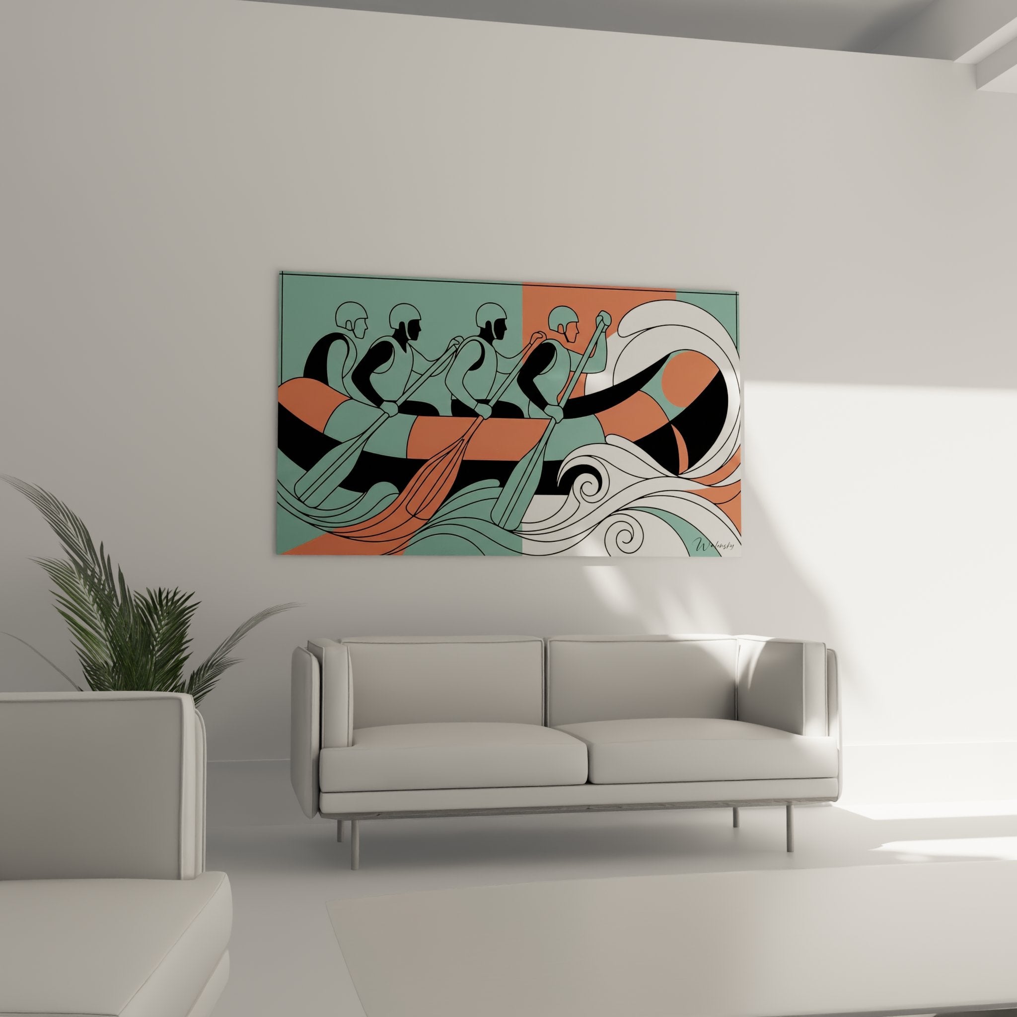 Détail tableau rafting silhouettes rameurs pagaies stylisées mouvement synchronisé art graphique moderne