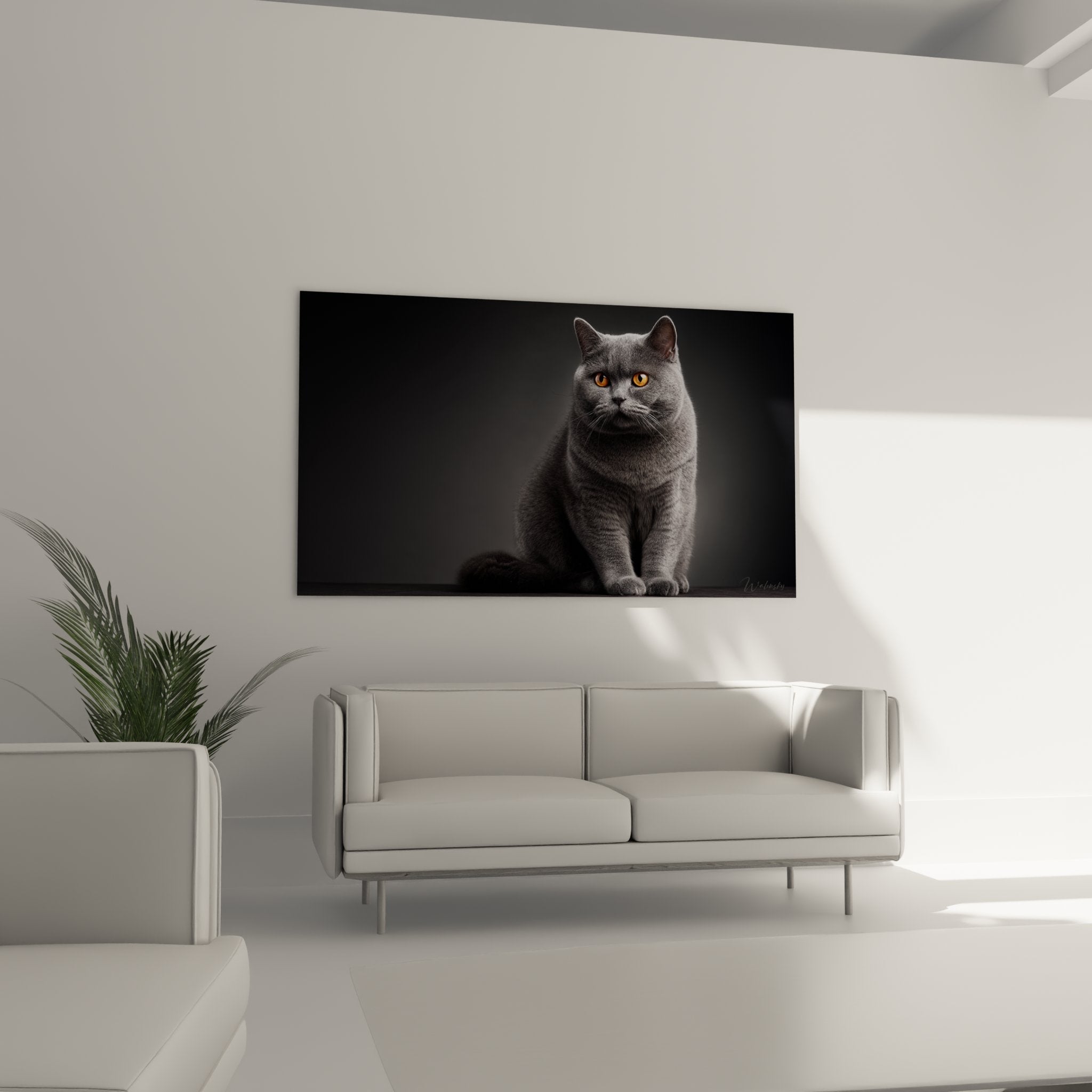 Dettaglio quadro gatto British Shorthair che mostra la texture del mantello grigio e l'intensità dello sguardo ambrato luminoso