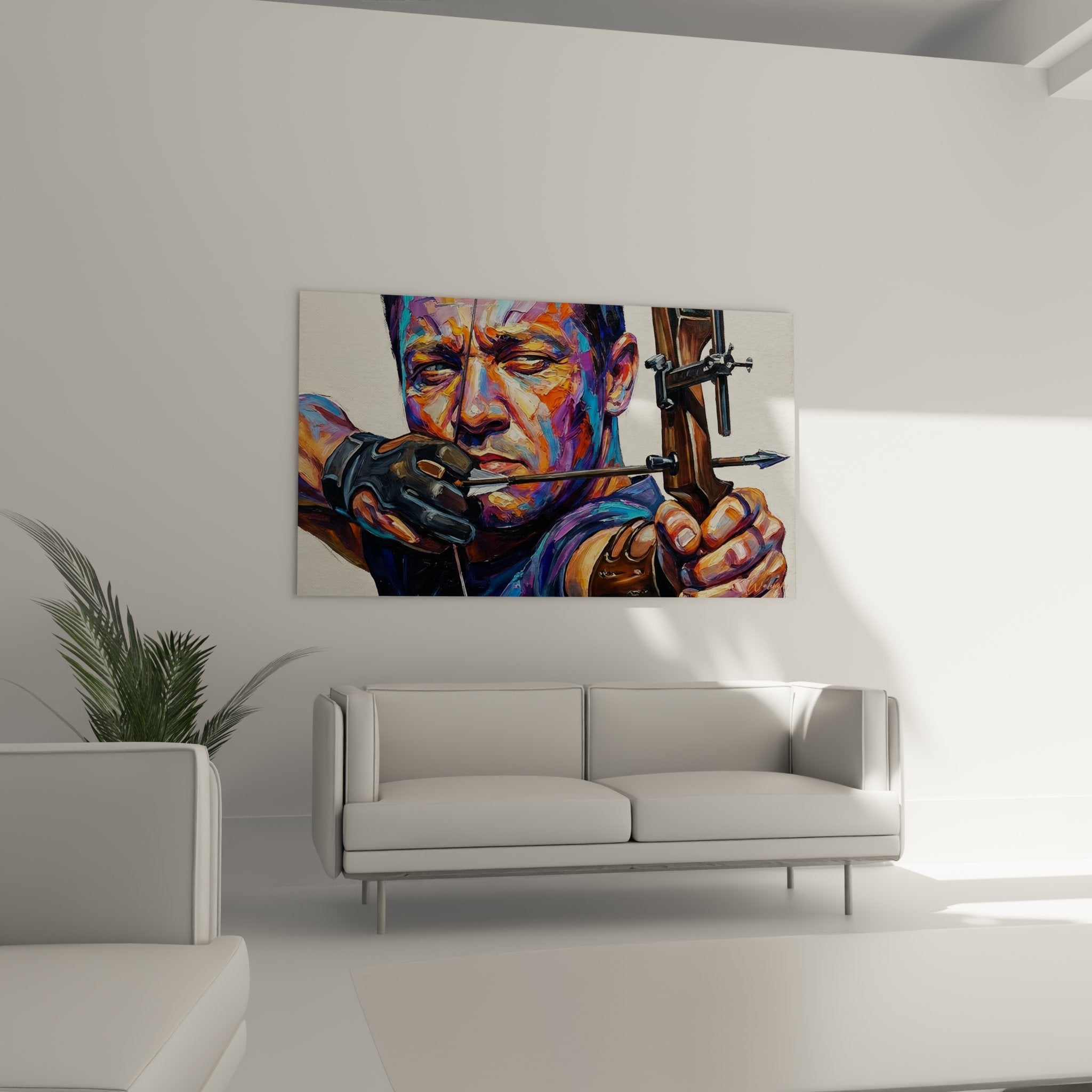 Détail tableau archer concentration, technique peinture expressive, visage coloré orange violet, art tir à l'arc