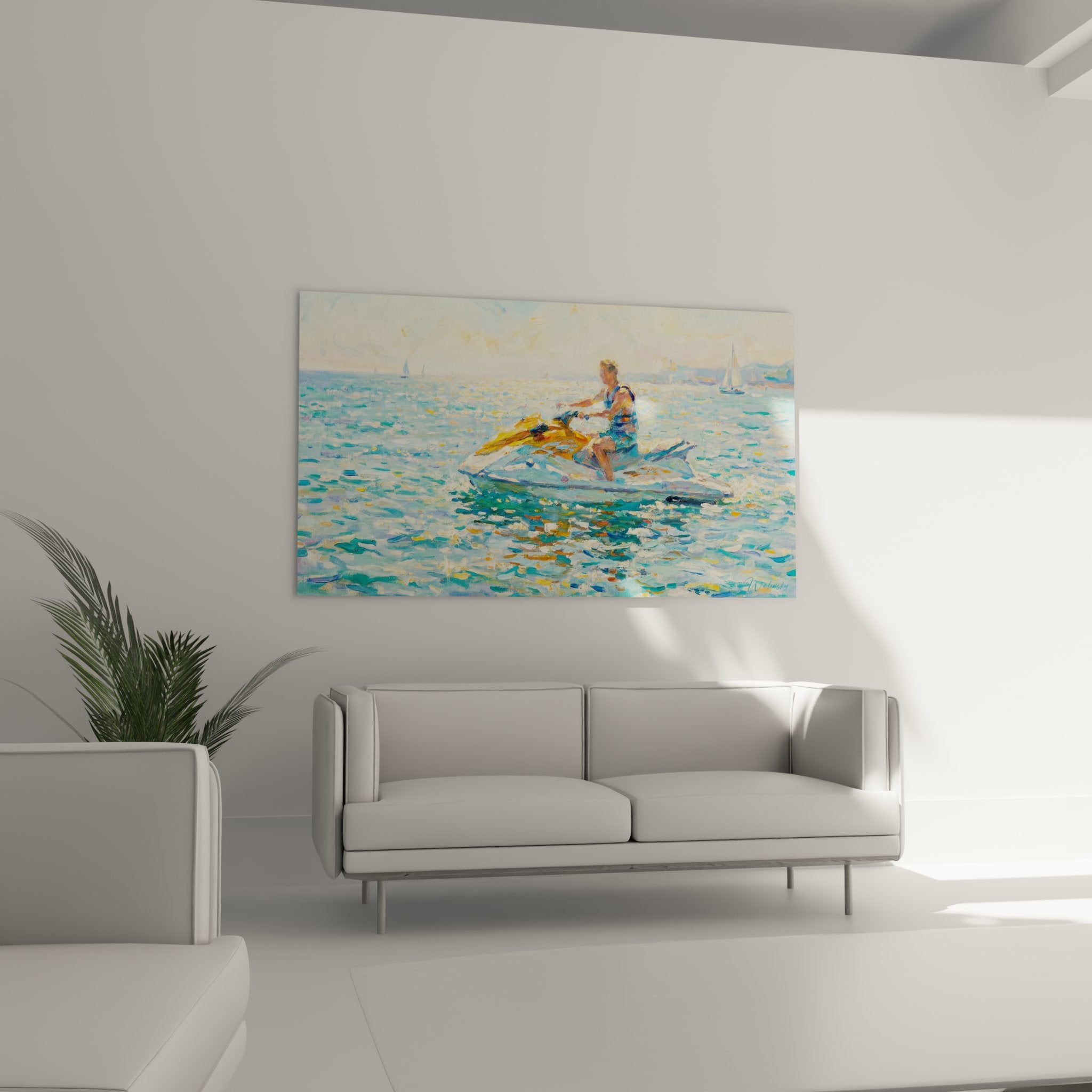 Detail peinture jetski montrant technique impressionniste touches rapides et jeu de lumiere sur eau