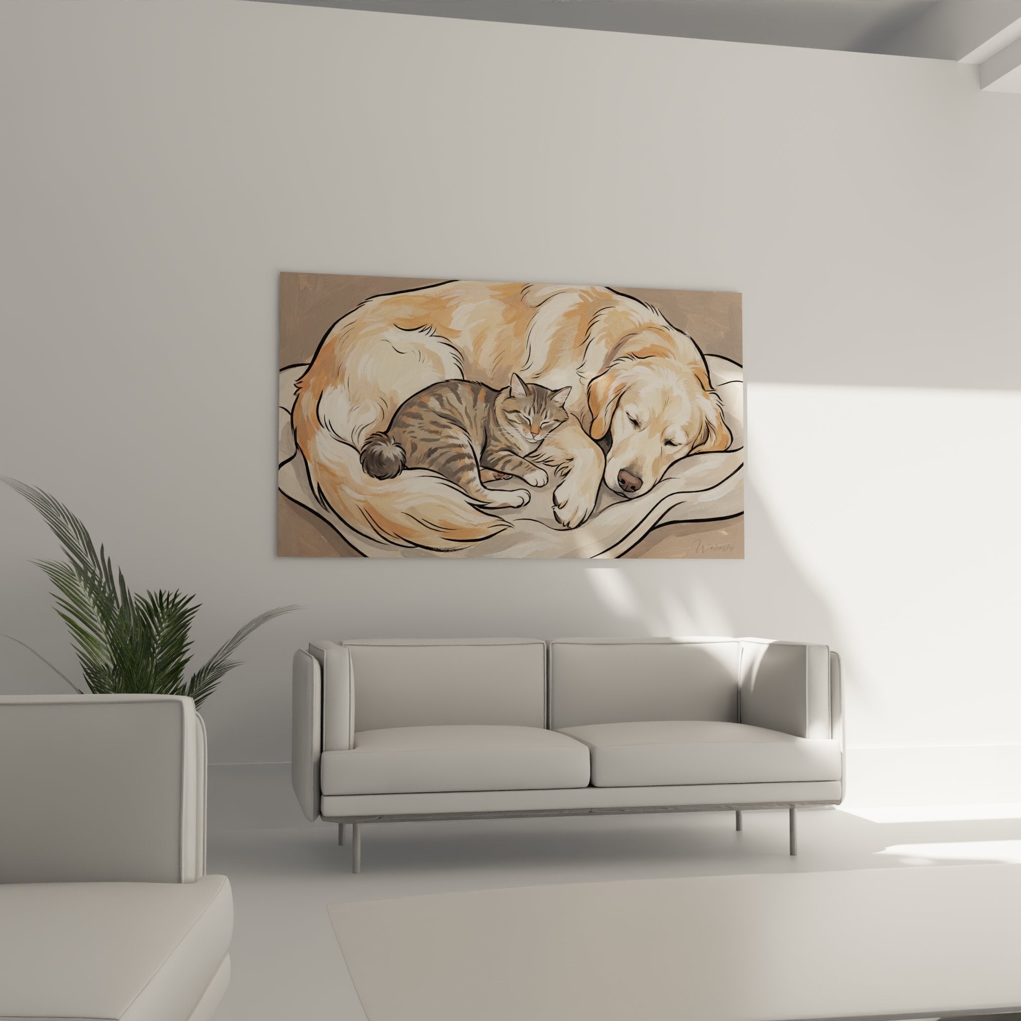 Primo piano quadro gatto Kurilian Bobtail coda corta mantello tigrato che riposa su golden retriever