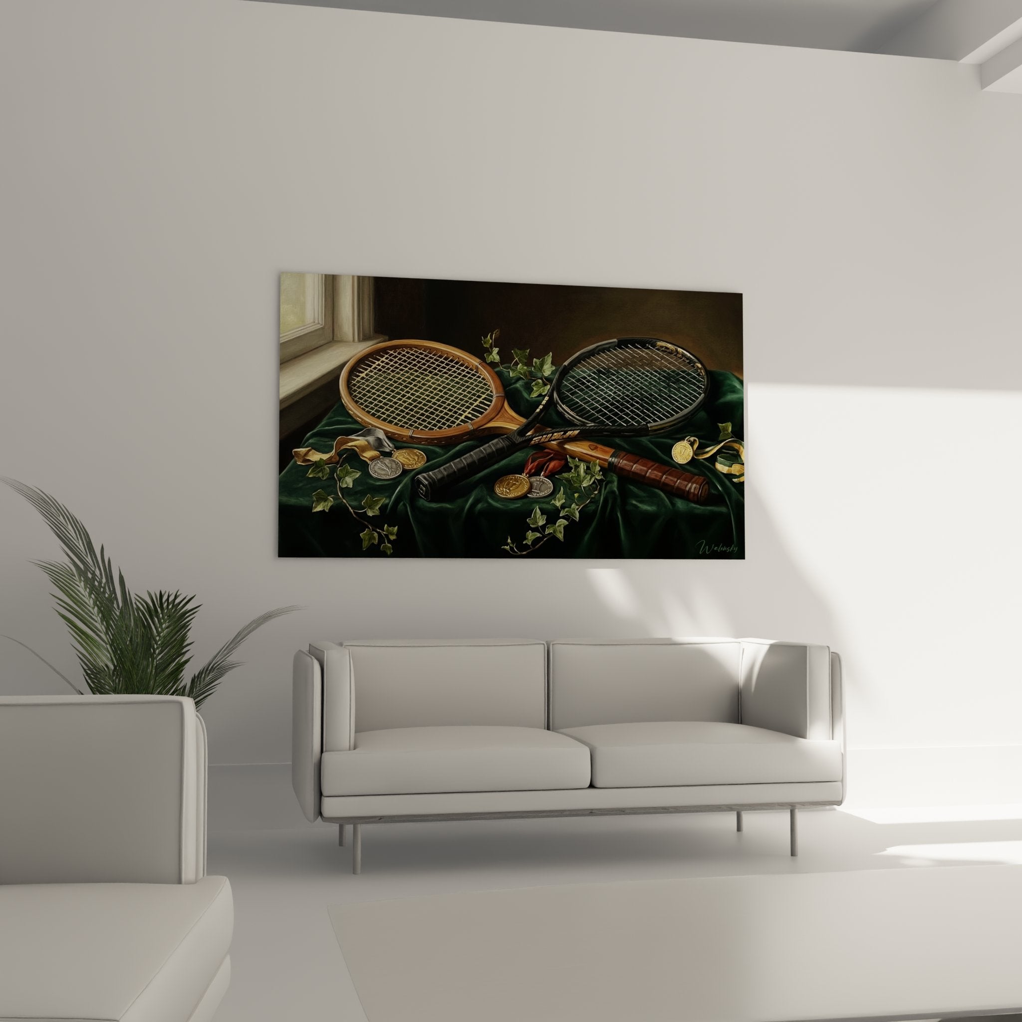 Detail of vintage wooden tennis racket and golden medals on emerald green fabric