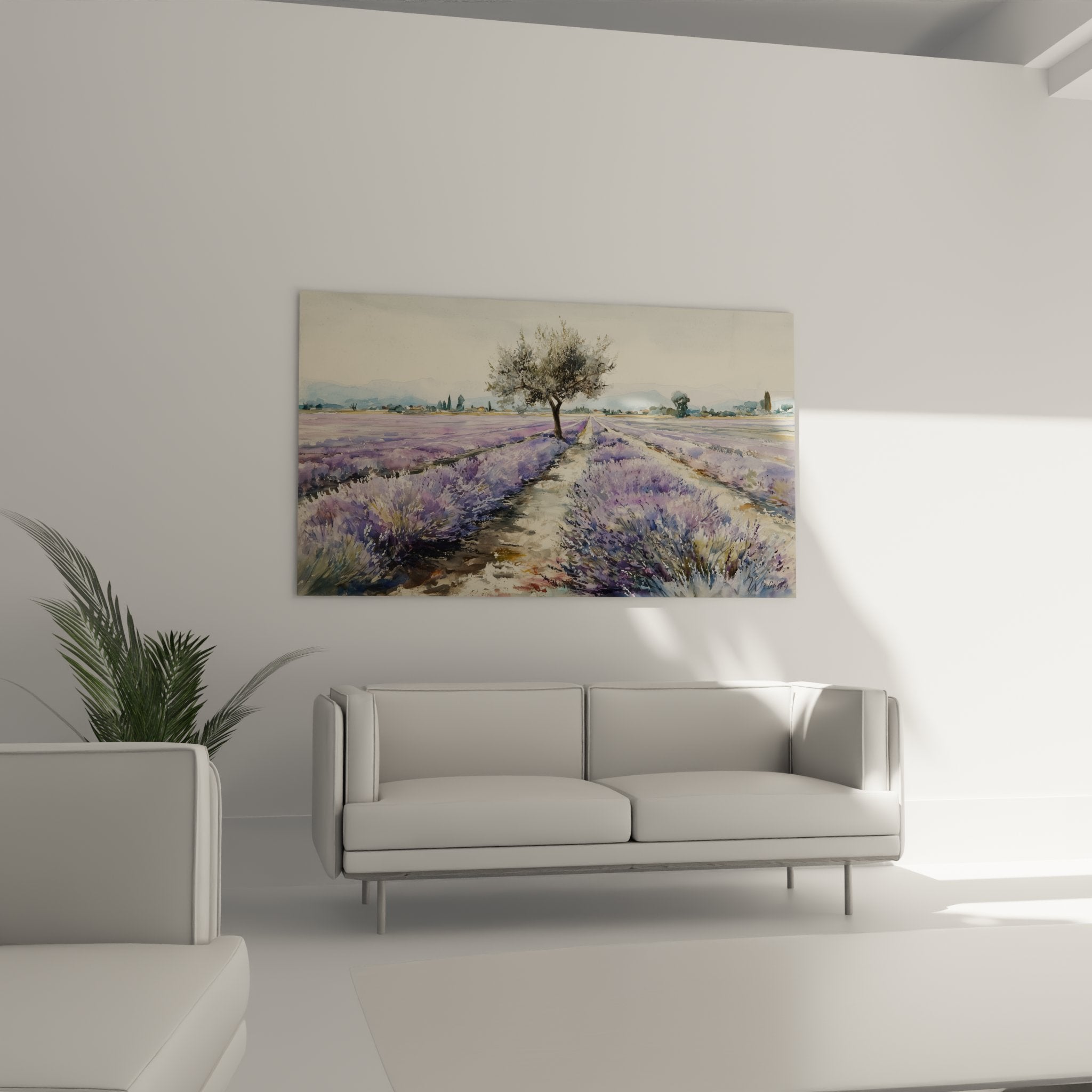 Detail peinture champ lavande Provence, rangees violettes et olivier avec branches argentees
