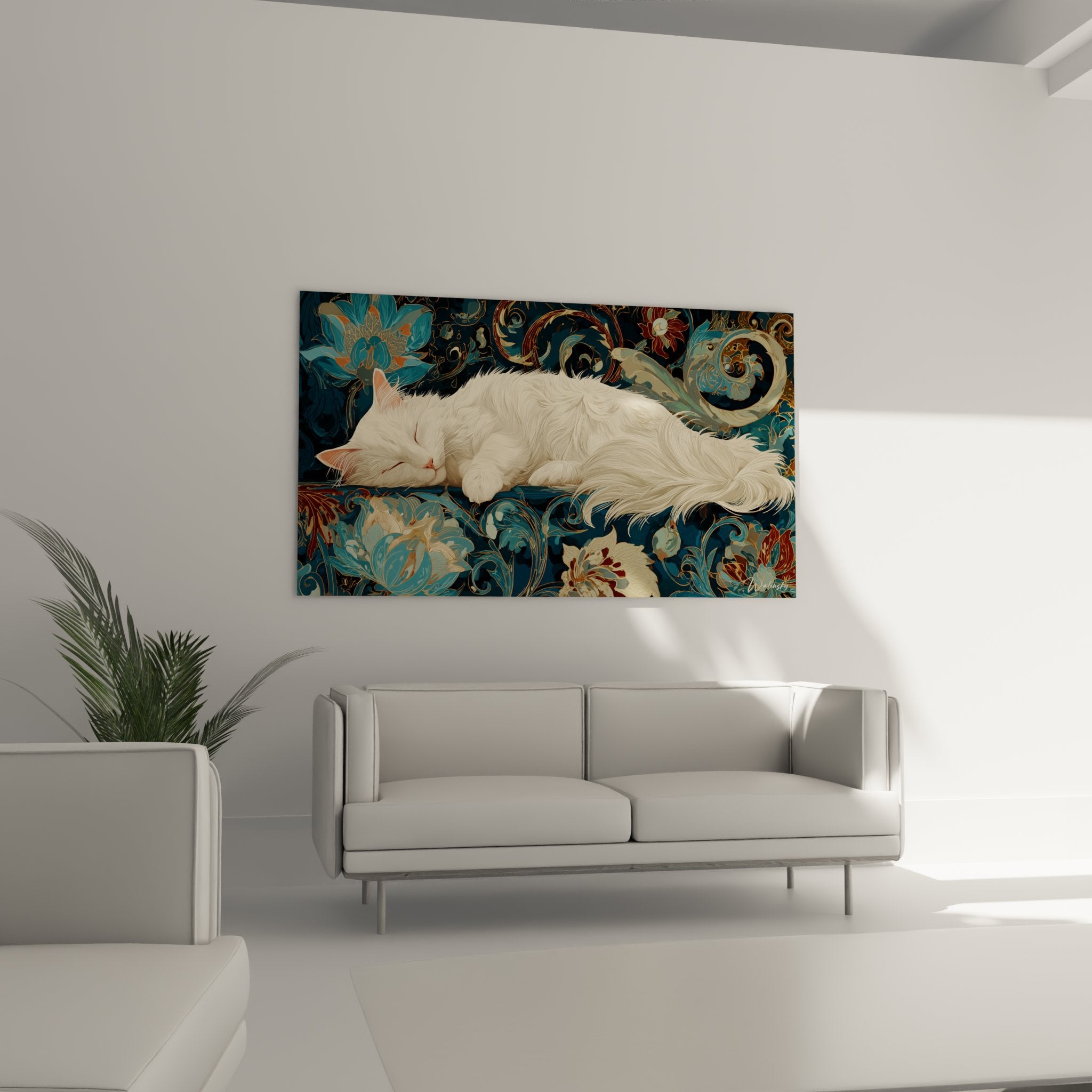 Dettaglio quadro gatto Turkish Angora con pelage bianco setoso su sfondo decorativo floreale artistico