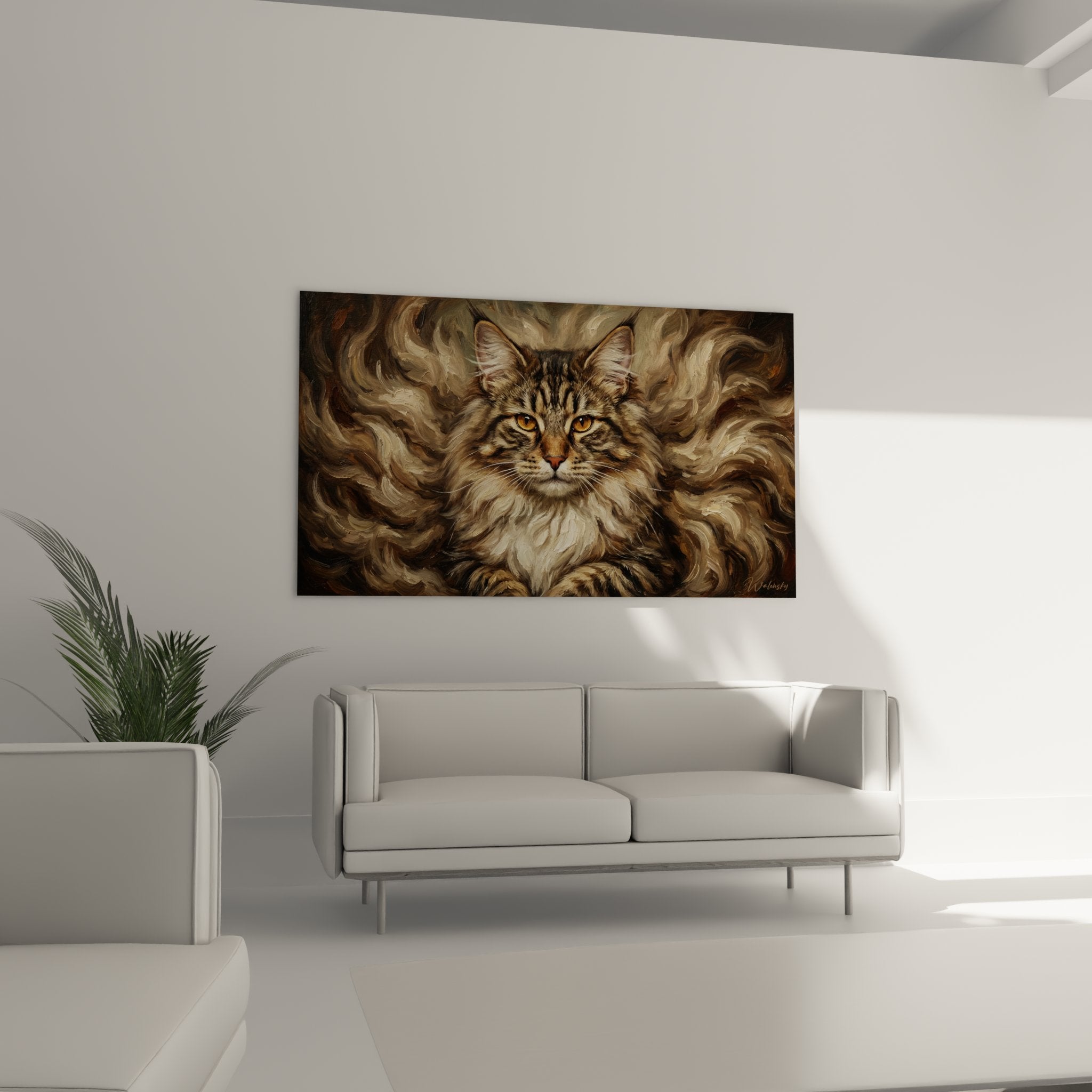 Détail du tableau montrant les yeux ambrés perçants et le pelage soyeux du chat Norwegian Forest Cat