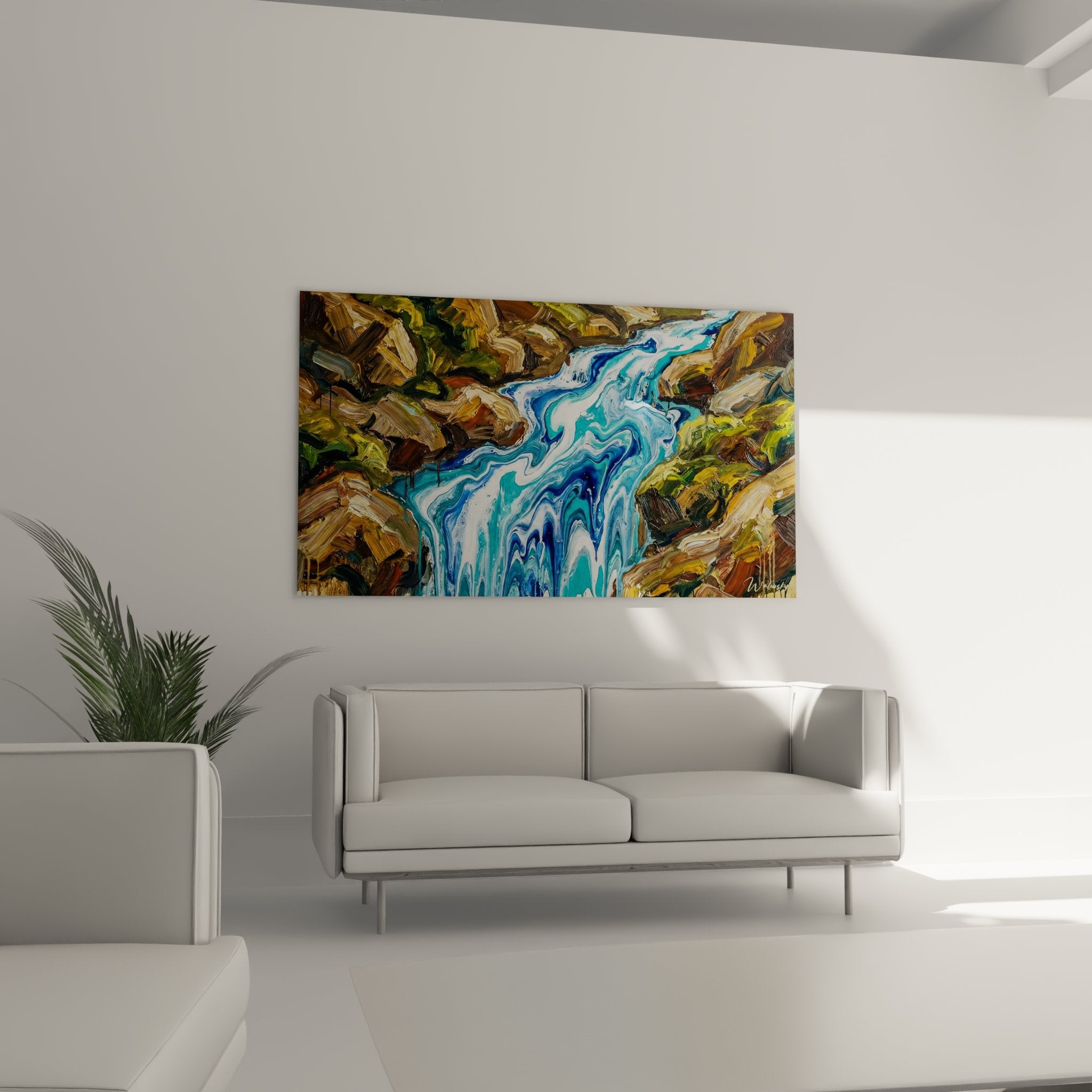 Detailansicht der Textur eines Gemäldes mit alpinem Wasserfall, Strukturpaste in Türkisblau und ockerfarbenen Felsen, moderne Technik