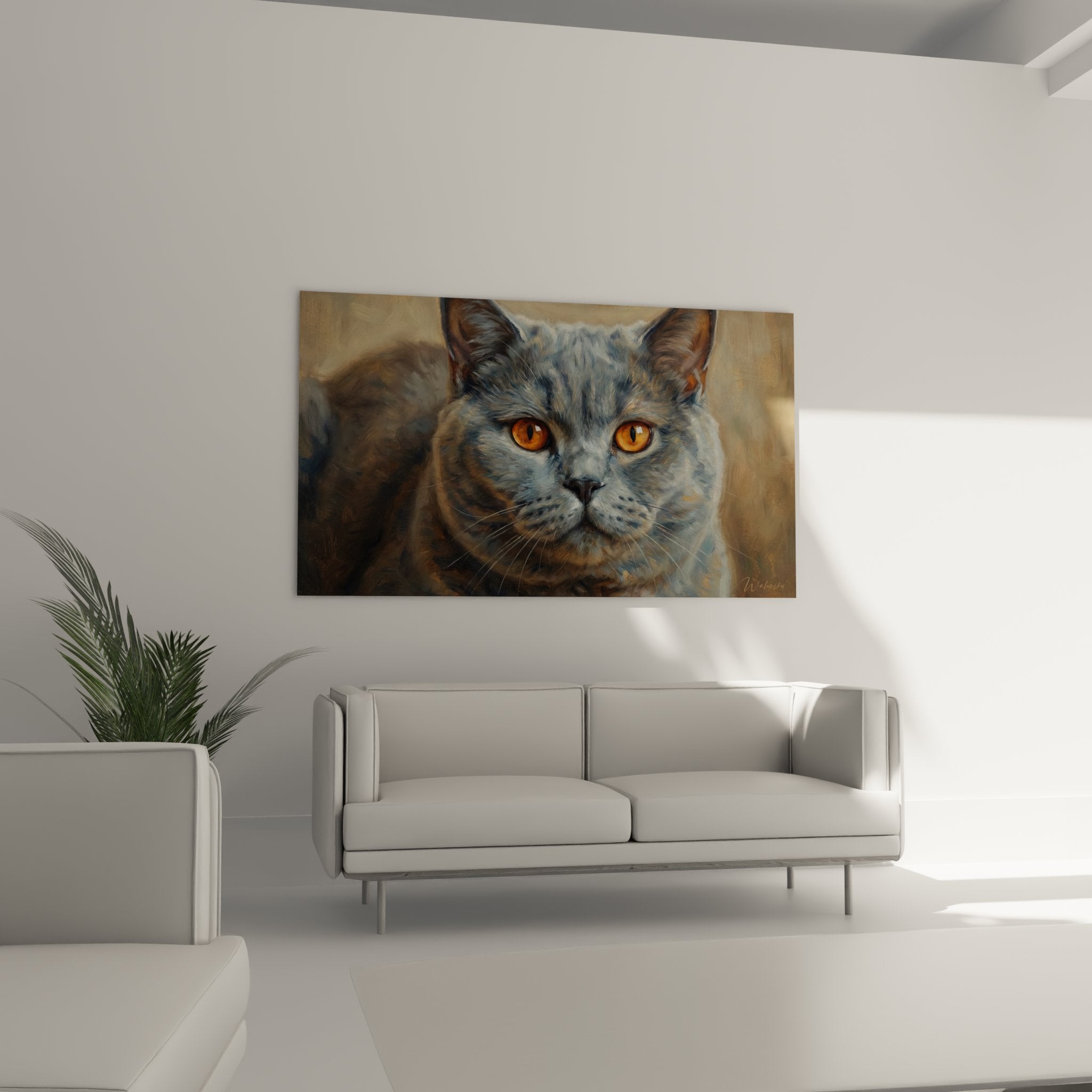 Primo piano sui dettagli del quadro che mostra il pelo grigio-blu e gli occhi ambrati del British Shorthair