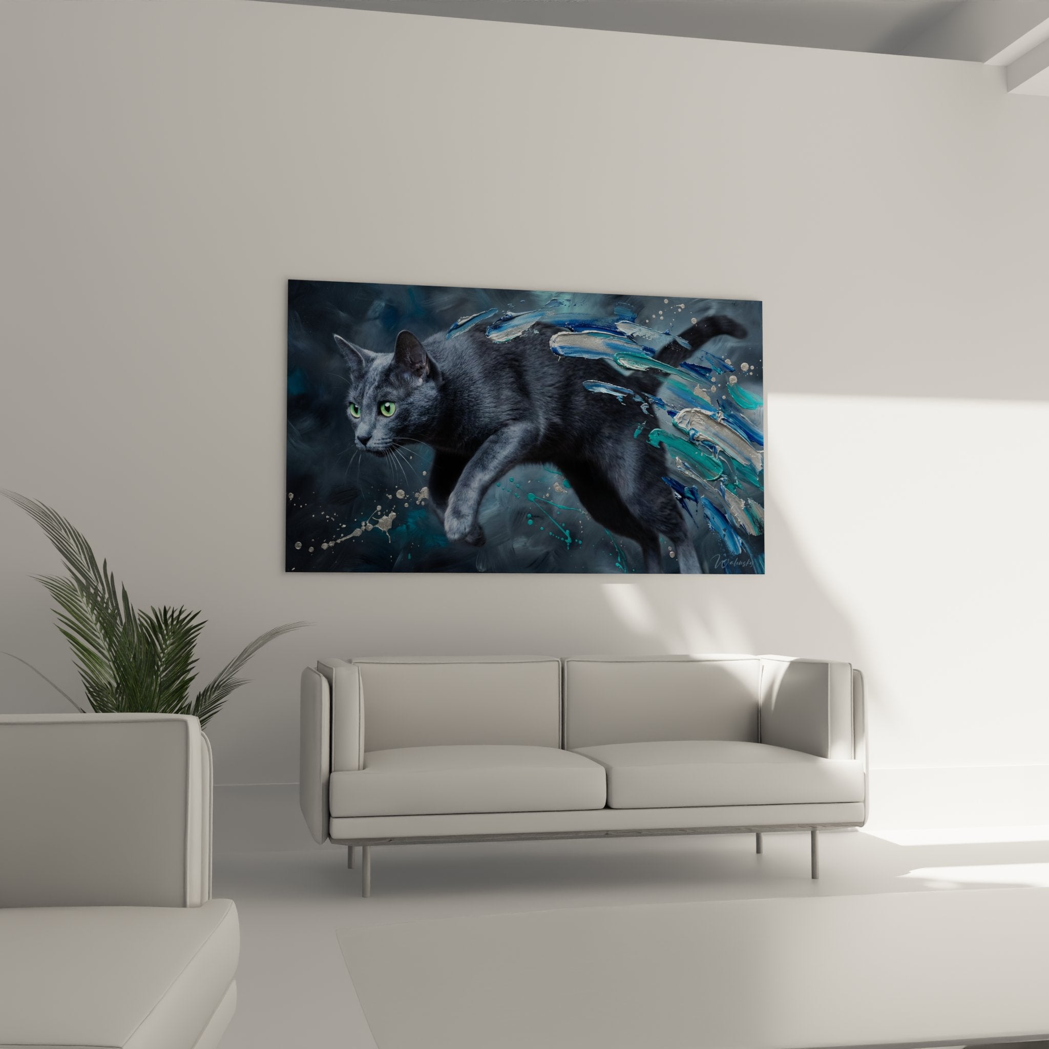 Primo piano quadro gatto Korat occhi verde smeraldo con dettagli pittura blu ed effetti acqua stilizzati