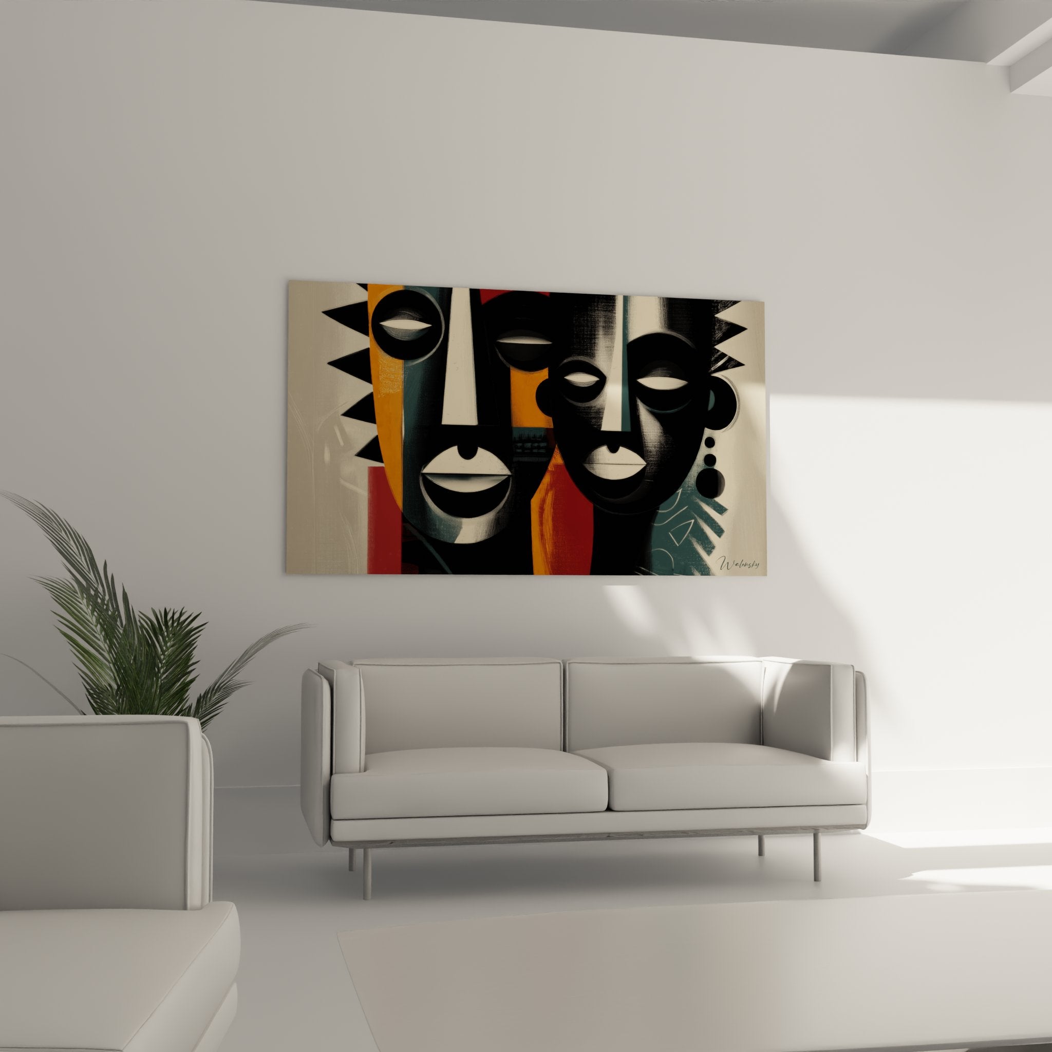 Dettaglio del quadro maschere africane che mostra le forme geometriche e i colori tribali moderni