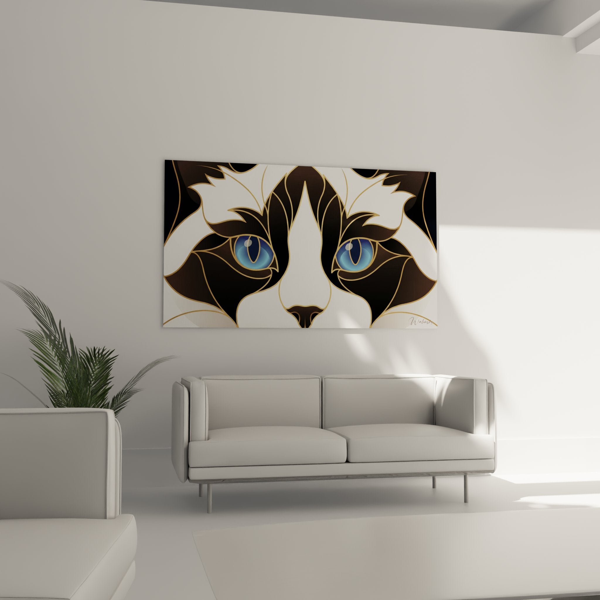 Primo piano sugli occhi blu ipnotizzanti del quadro gatto stilizzato con dettagli artistici dorati