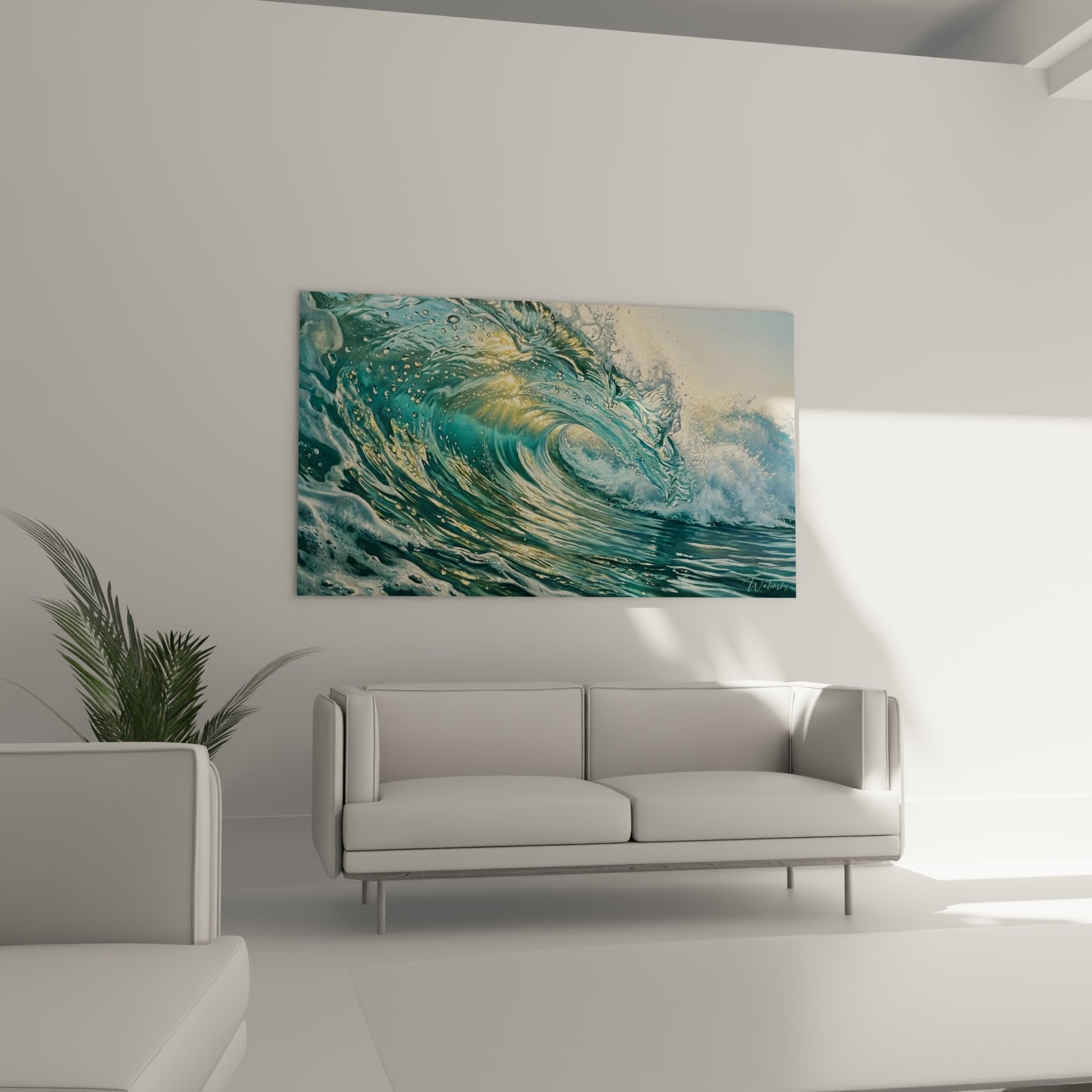 Golden wave artwork detail showcasing crystalline water texture and luminous reflections, premium surf art