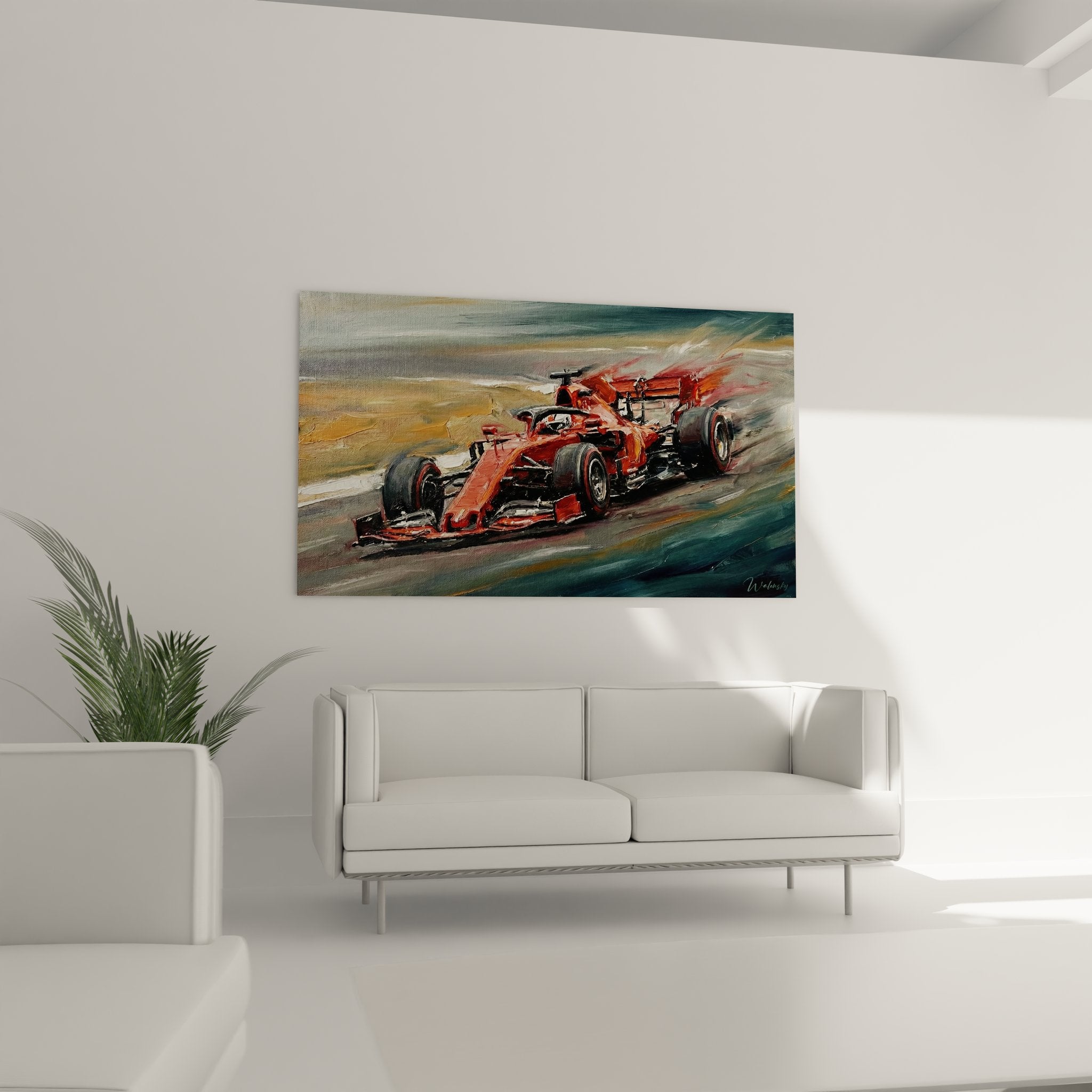 Detail peinture Ferrari F1 rouge avec technique brushstroke et effets de mouvement dynamique sur toile