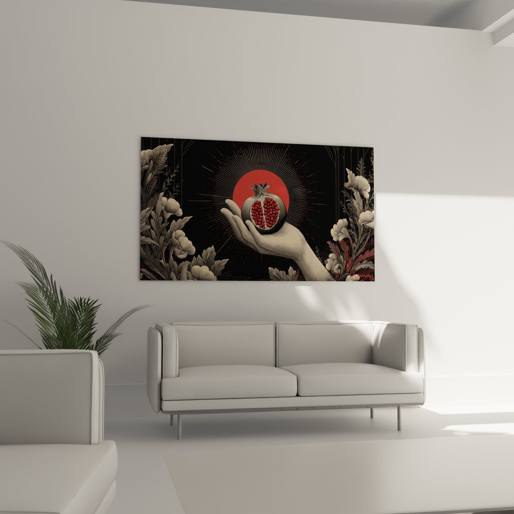 Dettaglio melagrana rossa aperta in mano stilizzata con incisioni precise in stile art déco vintage